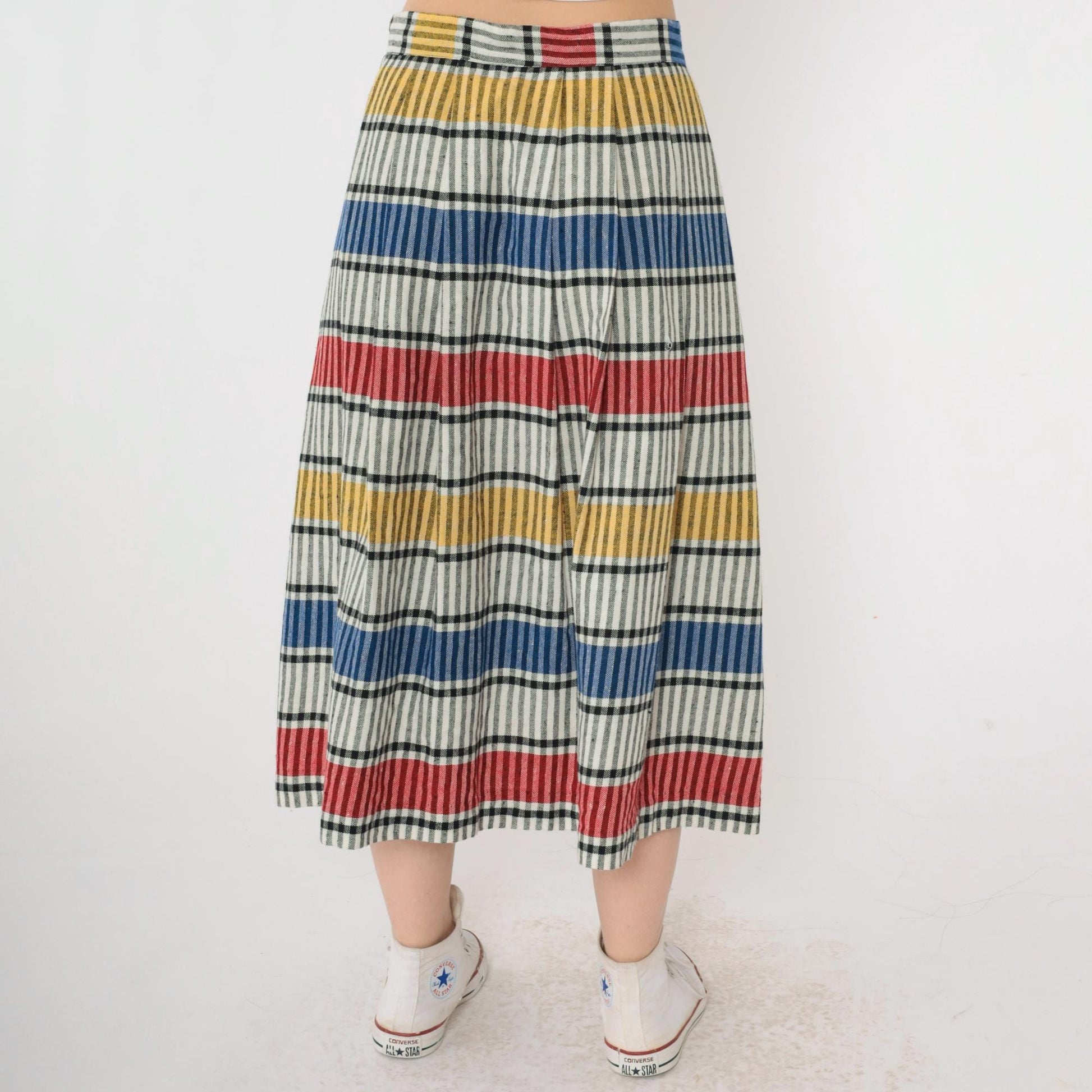 80s Striped Button-Up Midi Skirt High Waist Red Yellow Blue Small