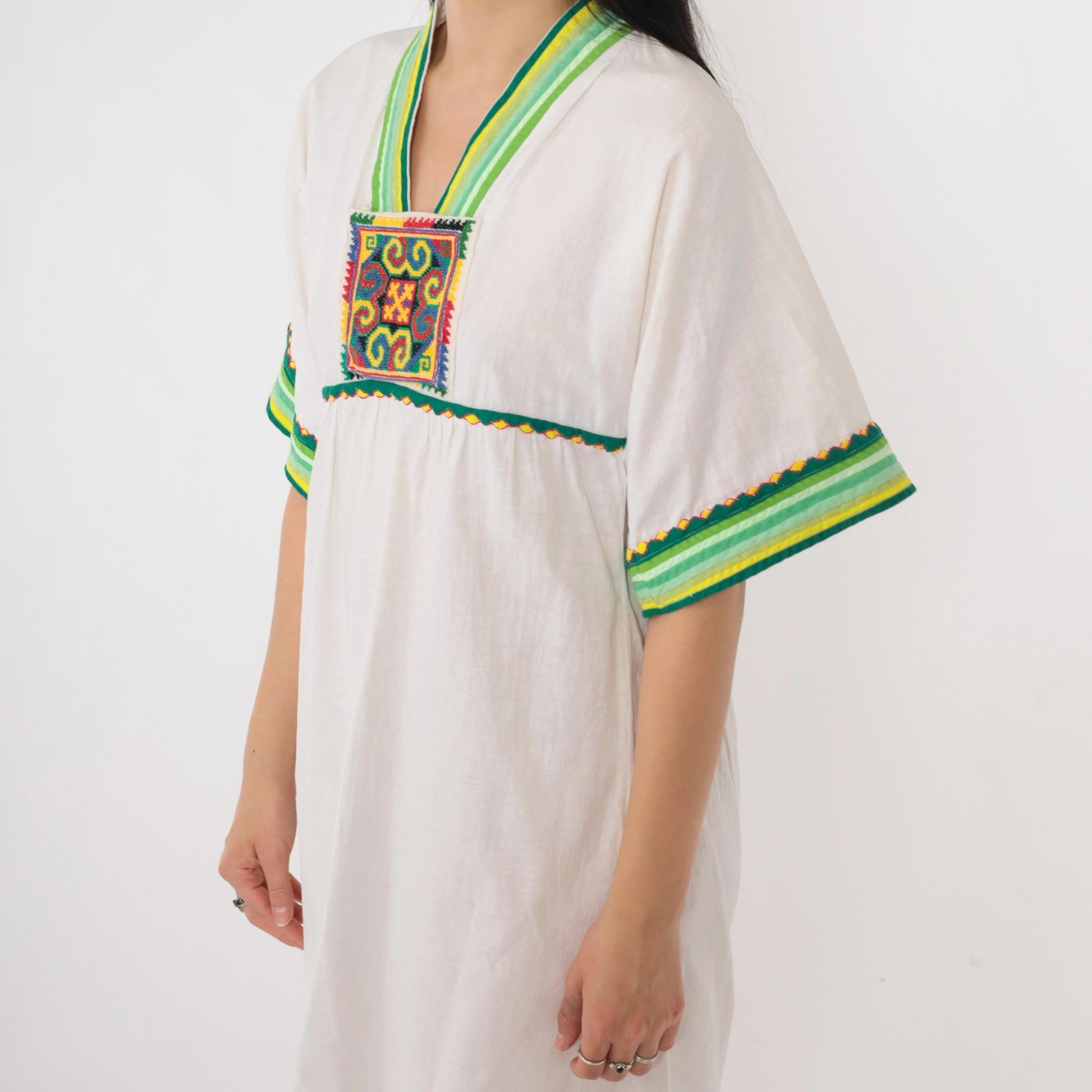 Y2K White Cotton Babydoll Dress Geometric Embroidery Empire Waist Small S