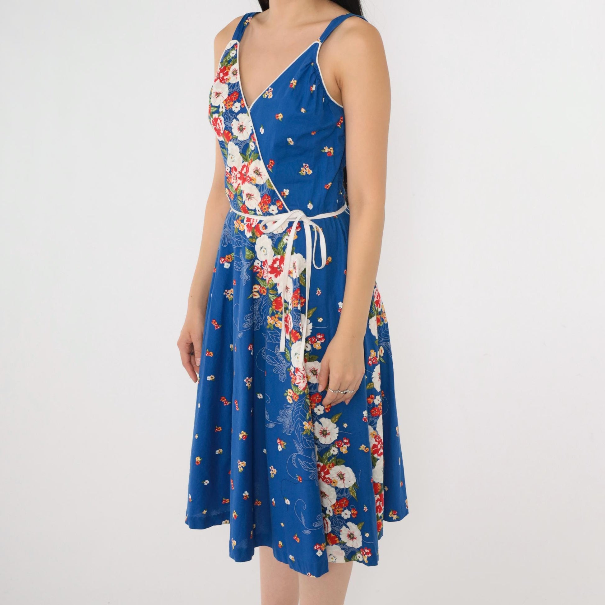 80s Royal Blue Floral Midi Dress Smocked High Waist V Neck Sleeveless Small