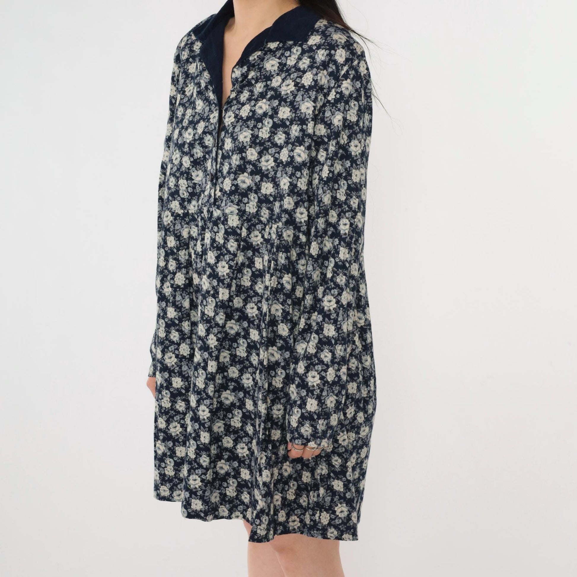 90s Navy Floral Button-Up Dress Corduroy Collar Long Sleeve Mini Extra Large