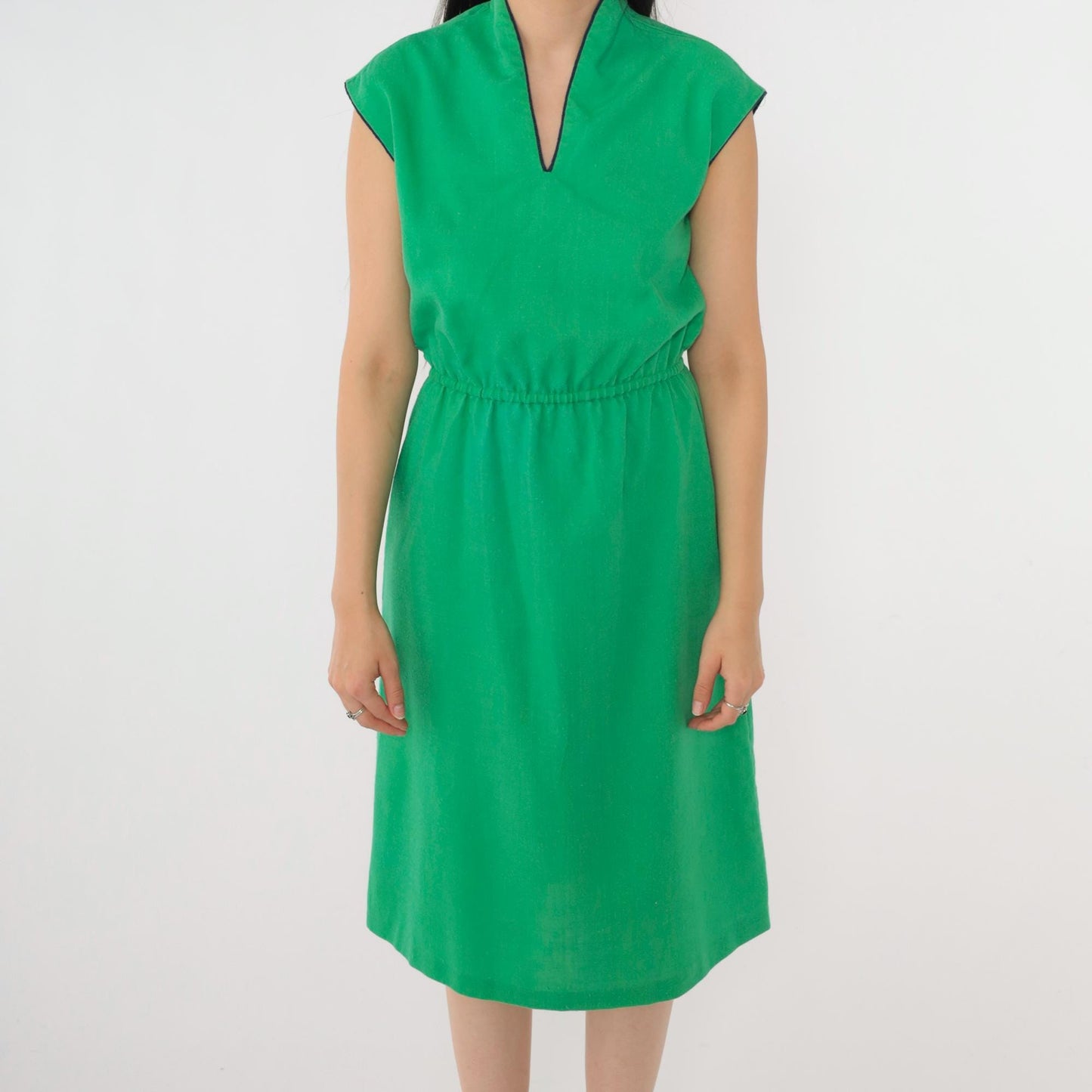 70s Green V-Neck Midi Dress Navy Trim Cap Sleeves A-Line Small