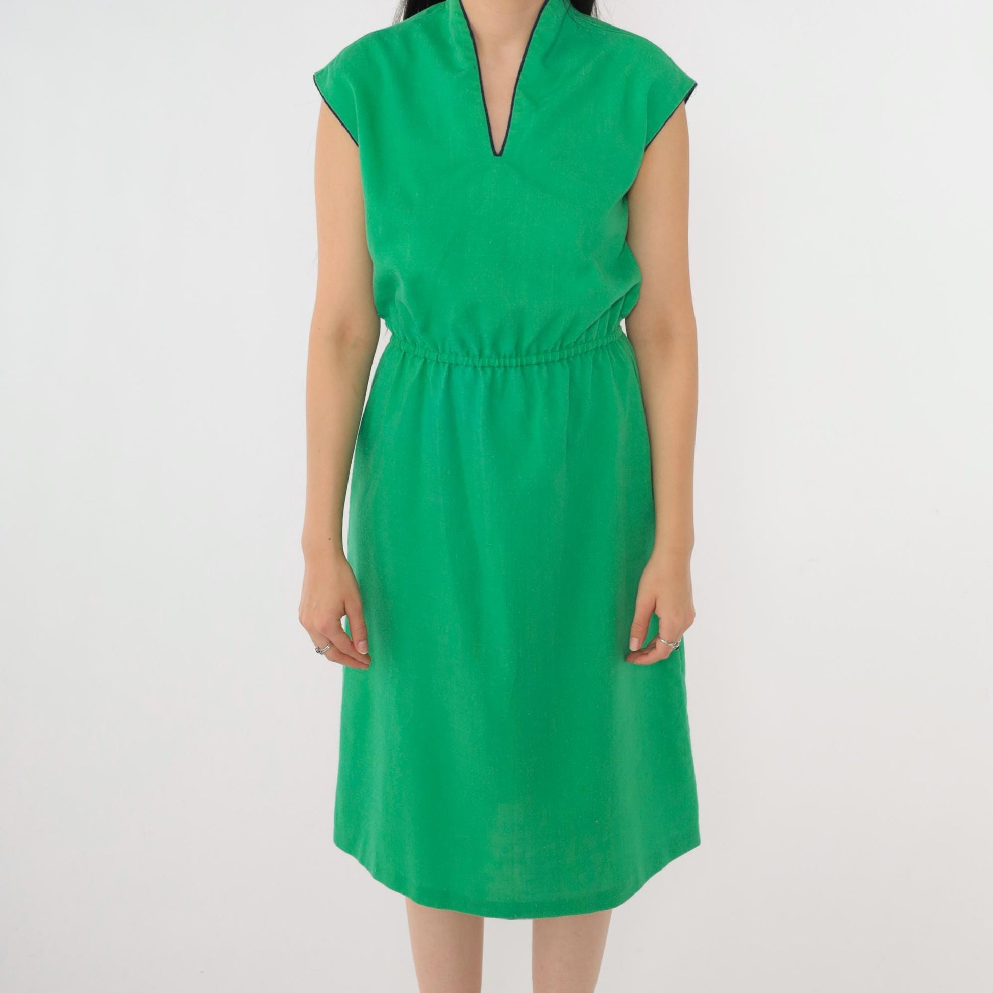 70s Green V-Neck Midi Dress Navy Trim Cap Sleeves A-Line Small