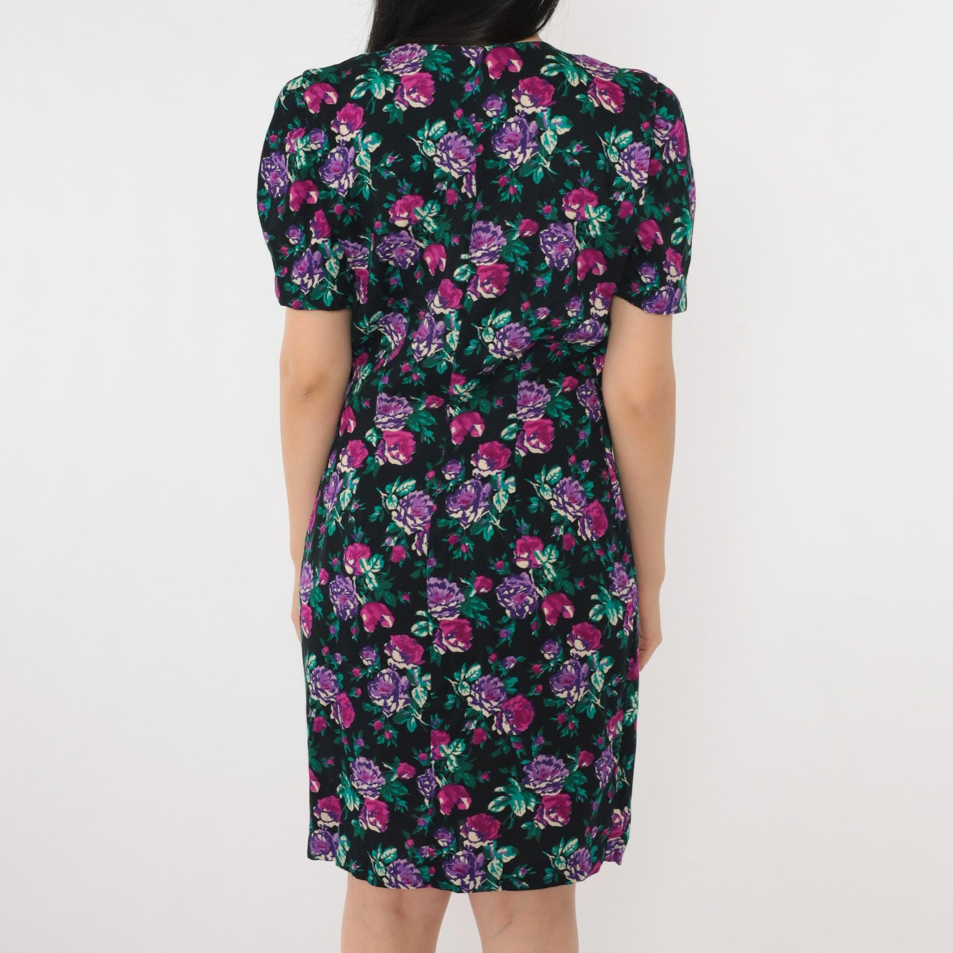 80s Floral Sheath Dress Puff Sleeve Black Purple Rose Mini Button Up Small