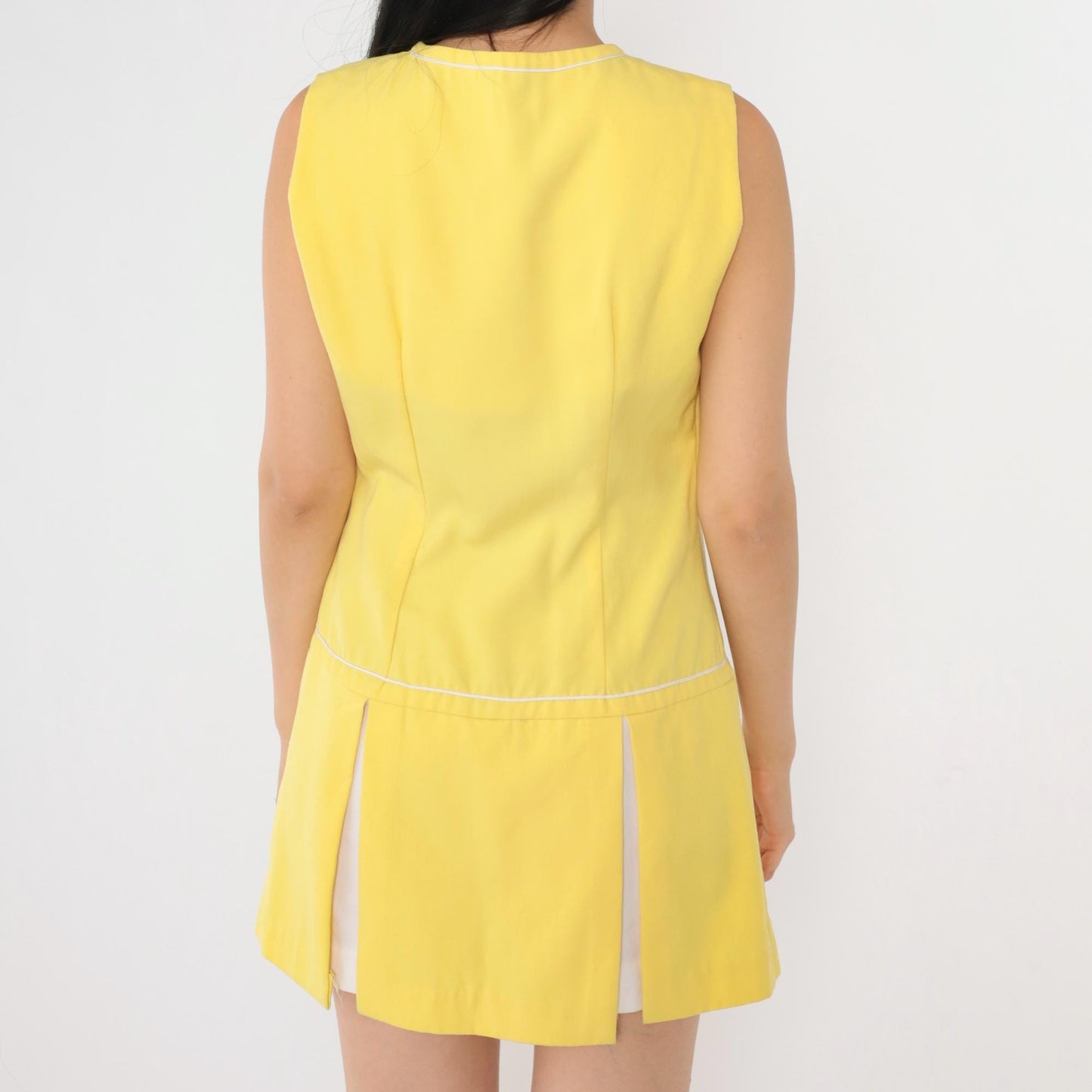 1960s Mod Yellow Mini Dress Drop Waist Button Front White Piping Small S