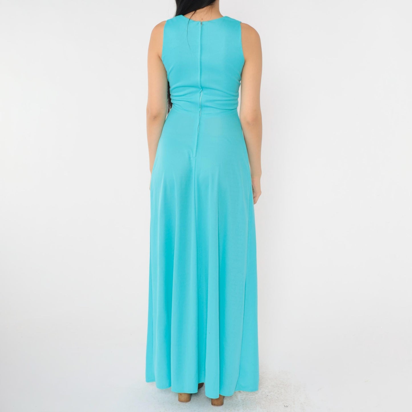 70s Turquoise Maxi Dress V Neck High Waist Sleeveless Gown Extra Small