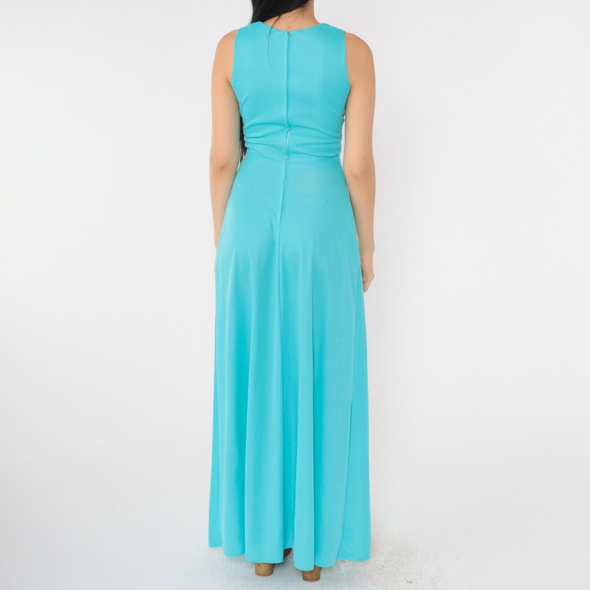 70s Turquoise Maxi Dress V Neck High Waist Sleeveless Gown Extra Small