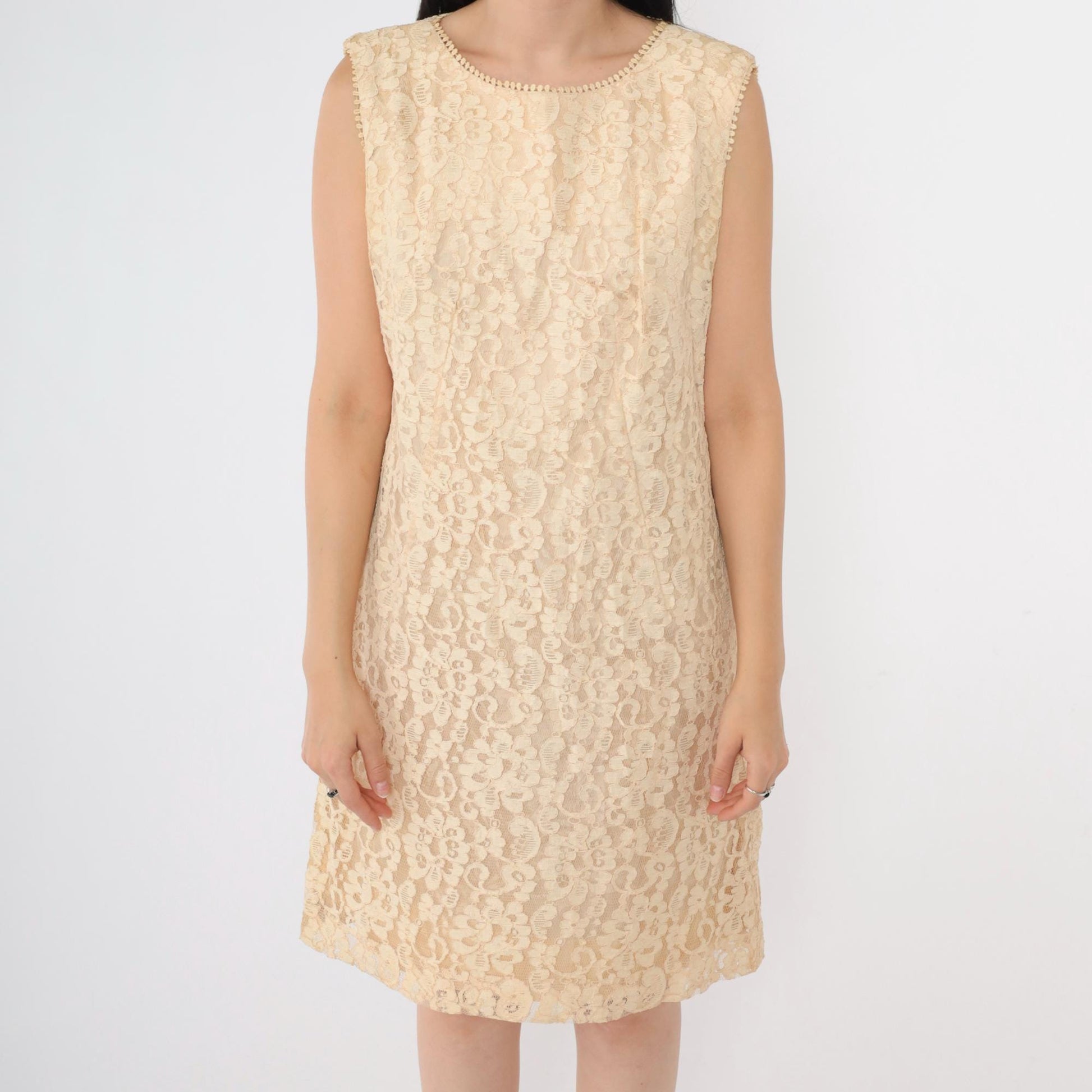 1960s Cream Lace Mini Dress Sleeveless A-Line Cocktail Medium M
