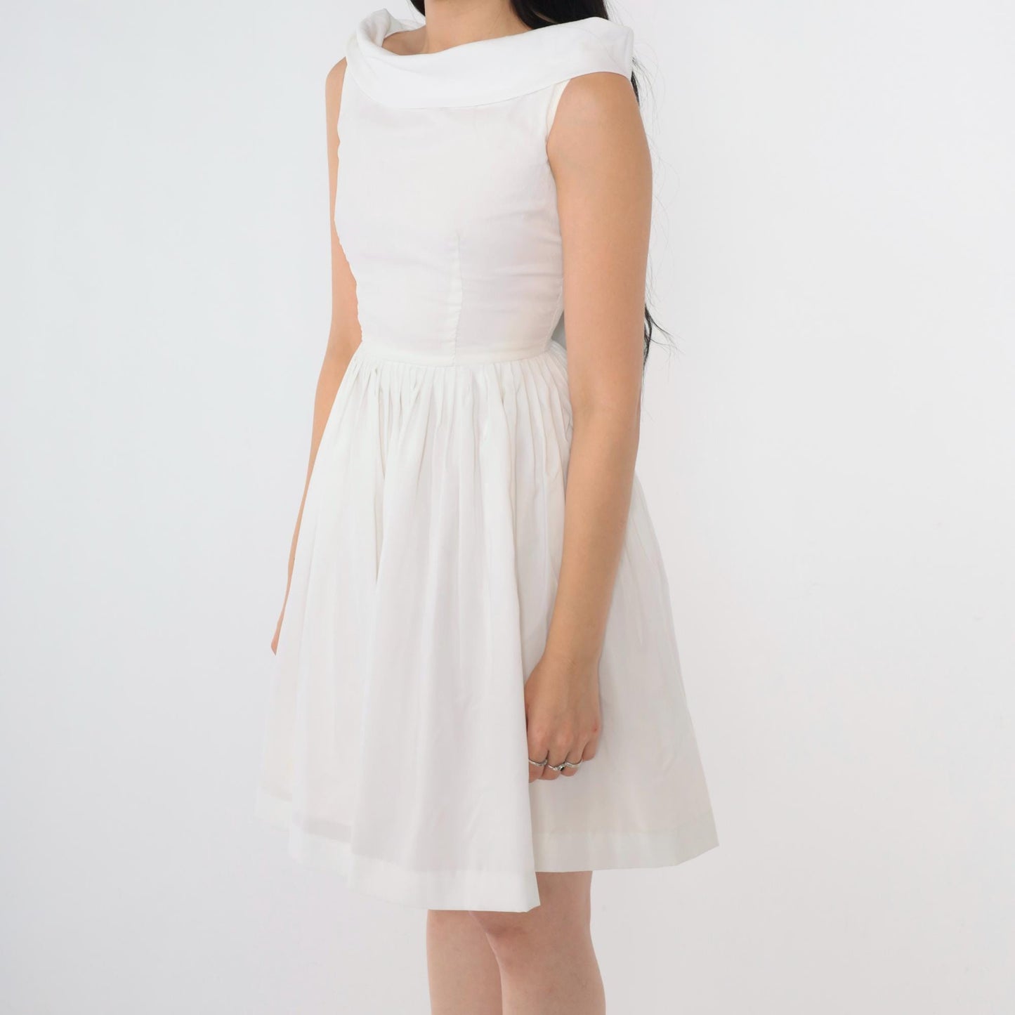 60s White Pleated Mini Dress High Waist Tie Back Skater Sleeveless Extra Small