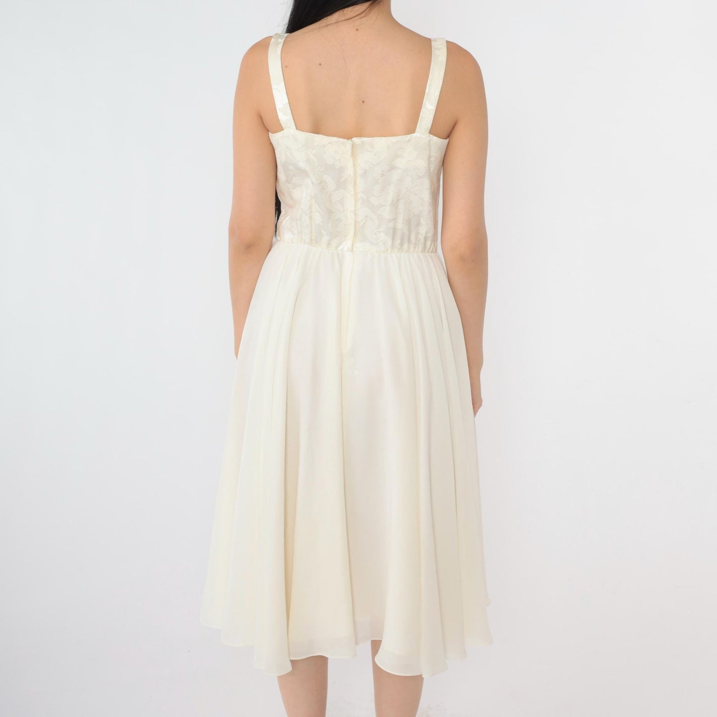 80s Ivory Jacquard Midi Dress Sleeveless Square Neck Basque Waist Small