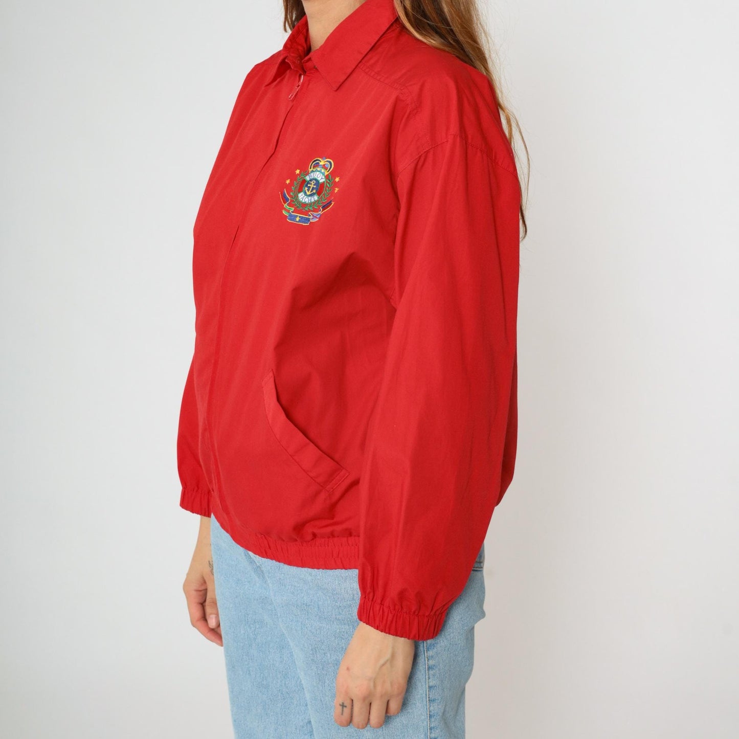 90s Jantzen Nautical Windbreaker Jacket Red Embroidered Crest Medium M