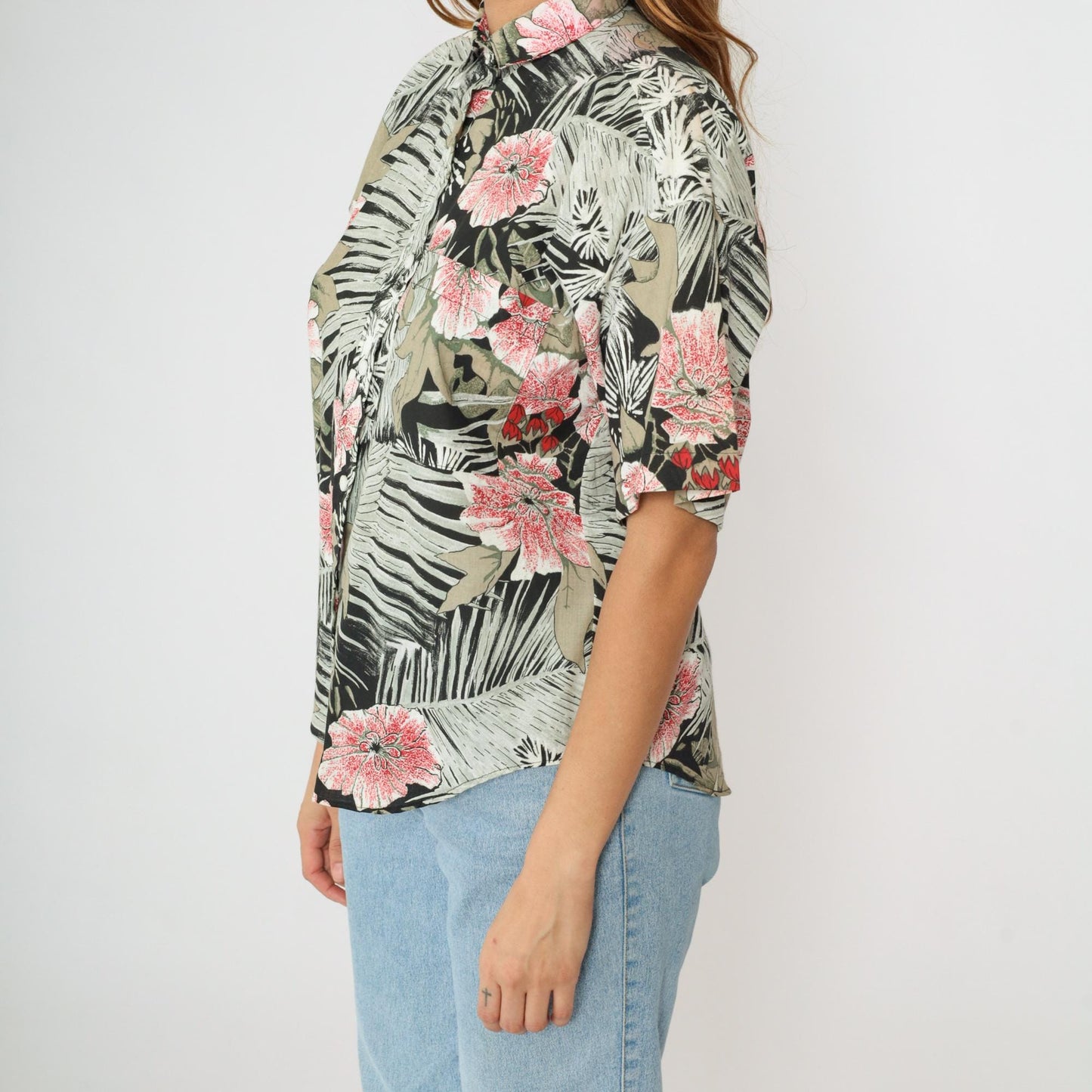 90s Tropical Floral Button Up Blouse Short Sleeve Black Grey Red Large