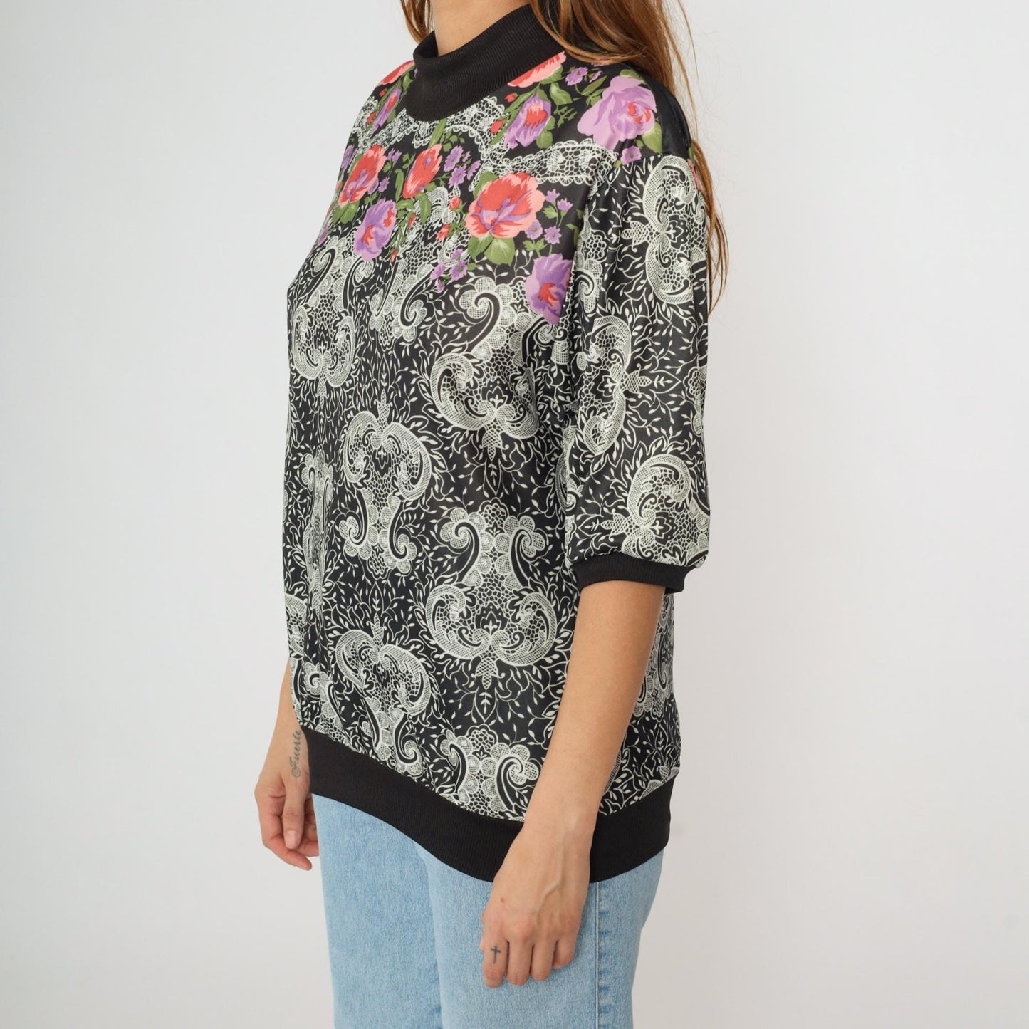 80s Black Floral Paisley Blouse Mock Neck 3/4 Sleeve Large L