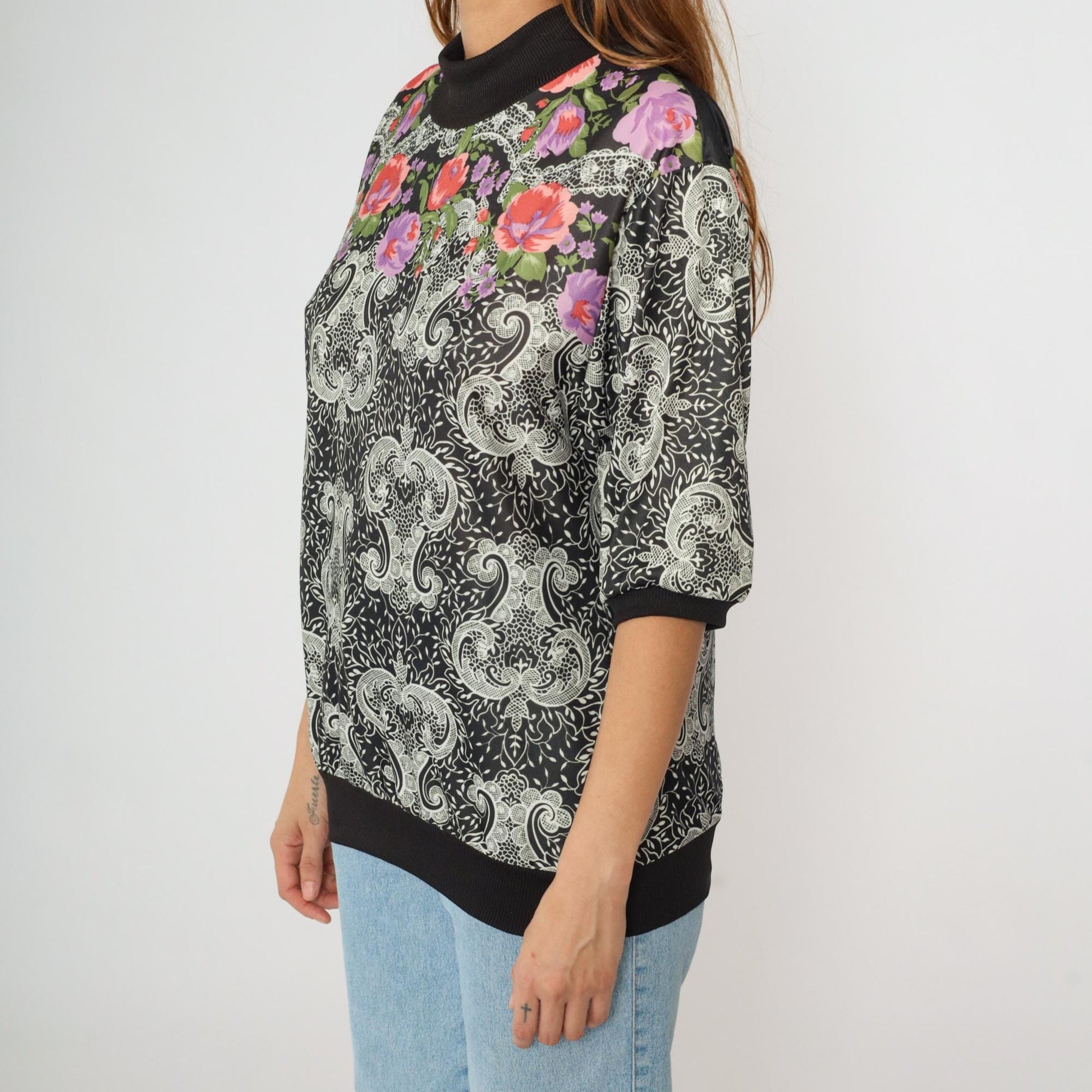 80s Black Floral Paisley Blouse Mock Neck 3/4 Sleeve Large L