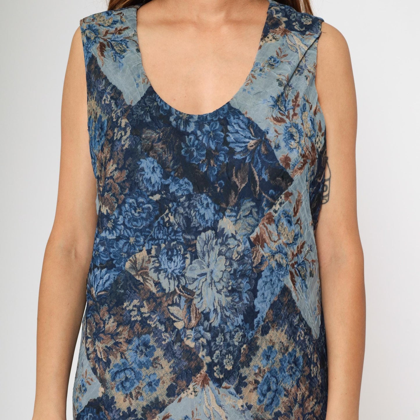 90s K Studio Patchwork Floral Midi Dress Blue Sleeveless Scoop Neck Size 18