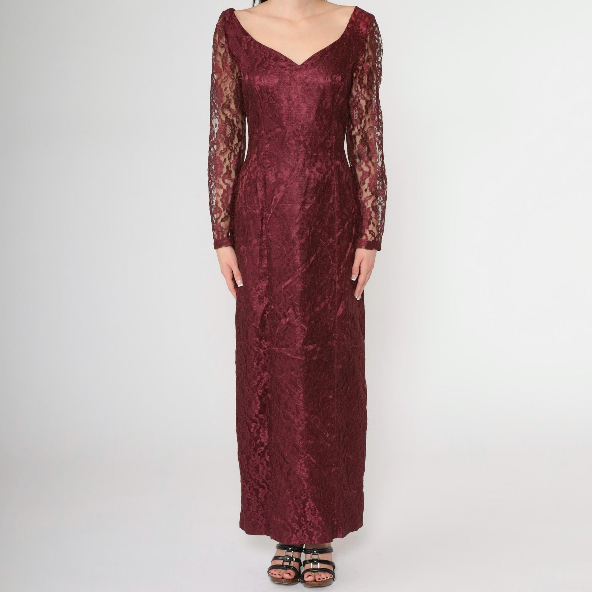90s Wine Lace Maxi Dress Sweetheart Neckline Long Sleeve Slit Small