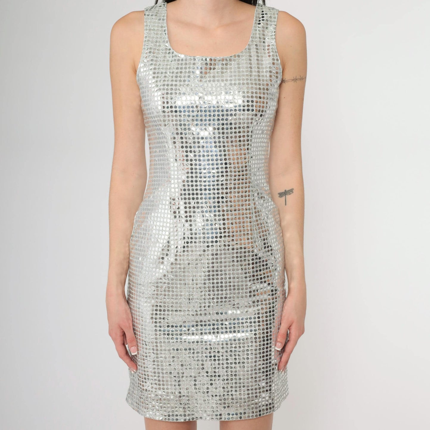 90s Silver Sequin Paillette Mini Dress Sleeveless Scoop Neck Y2K Small
