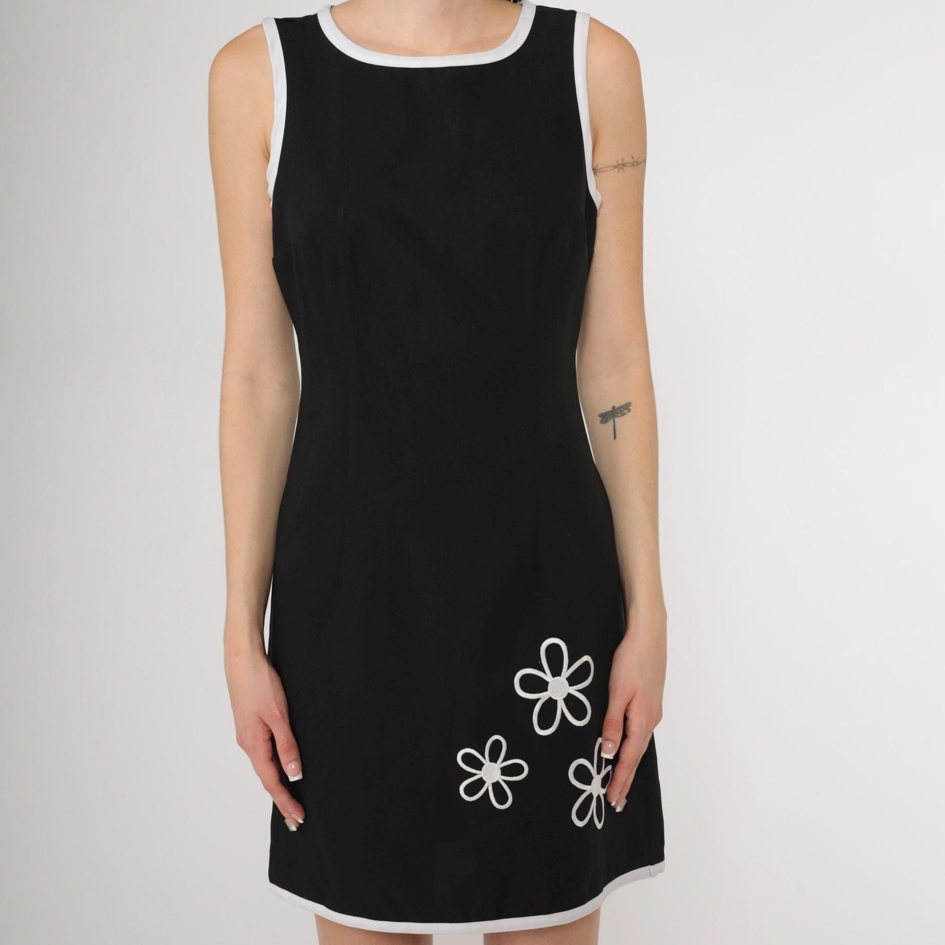 90s Iz California Black Floral Mini Dress Sleeveless White Print Small