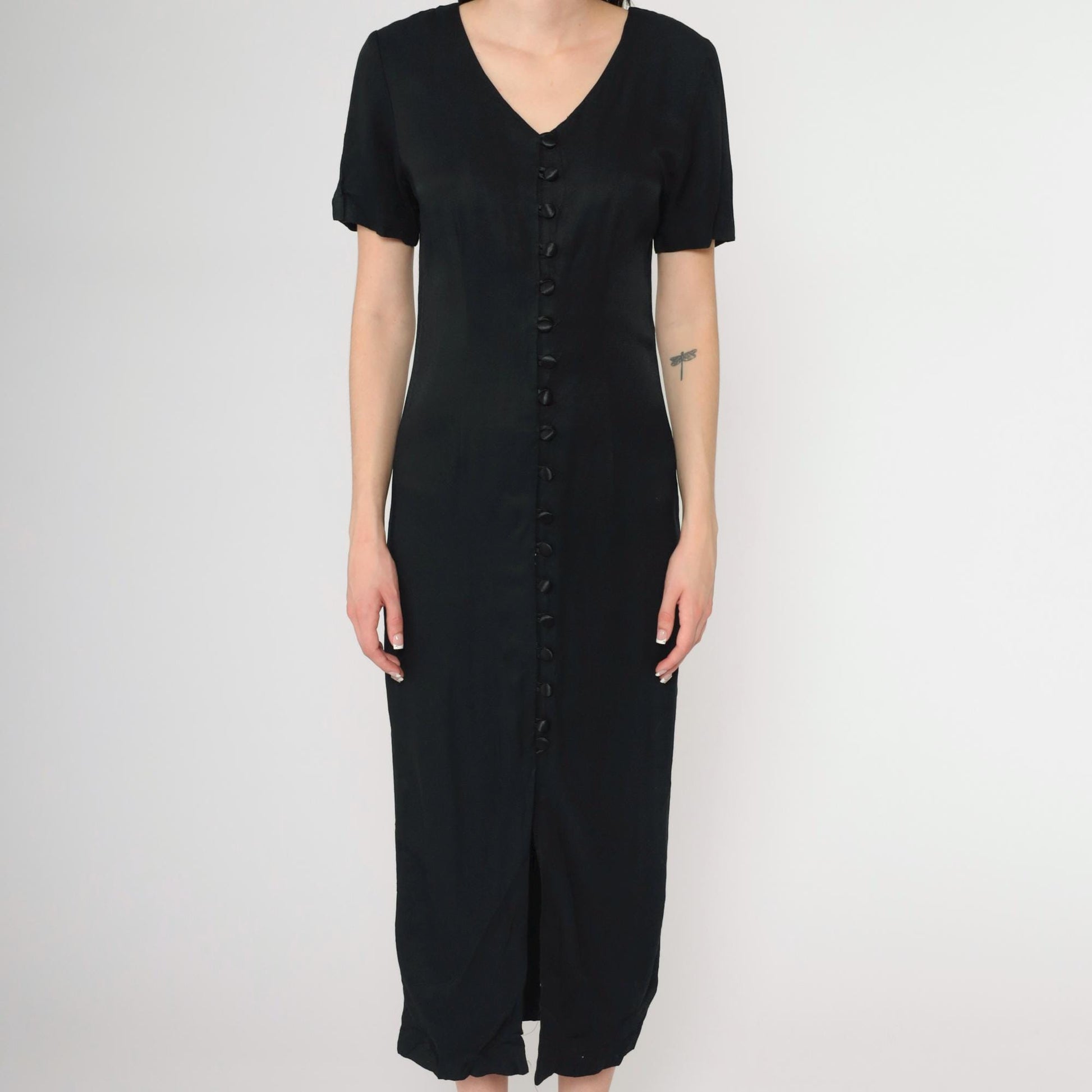 90s Betsy New York Black Midi Dress Cage Back Button Front Slit Small
