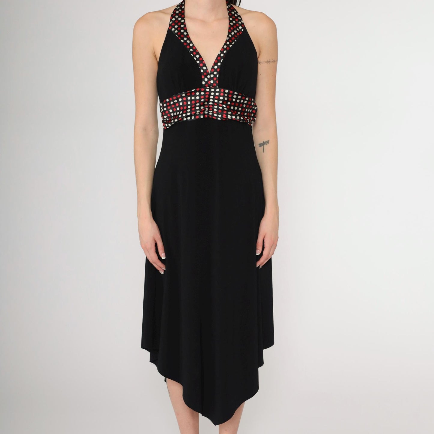 Y2K Black Halter Neck Midi Dress Polka Dot Empire Waist High Low Hem Medium