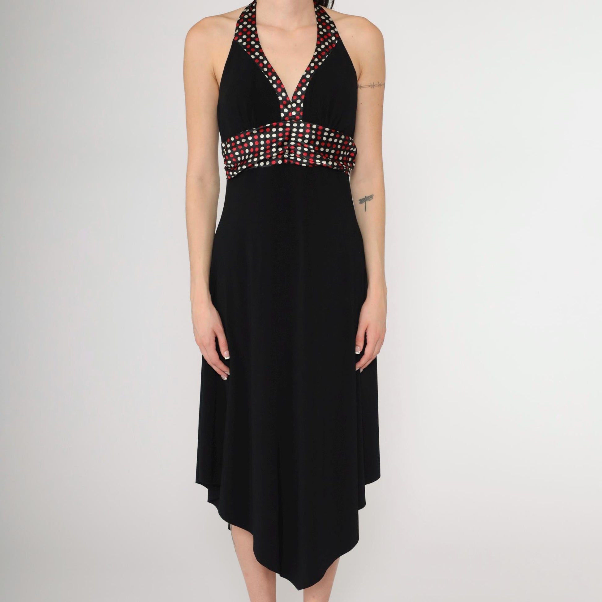Y2K Black Halter Neck Midi Dress Polka Dot Empire Waist High Low Hem Medium