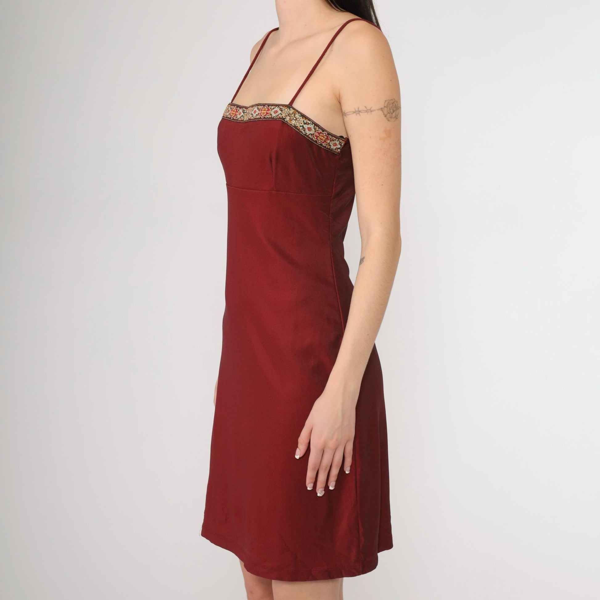 90s Burgundy Spaghetti Strap Mini Dress Embroidered Square Neckline Empire Waist Small