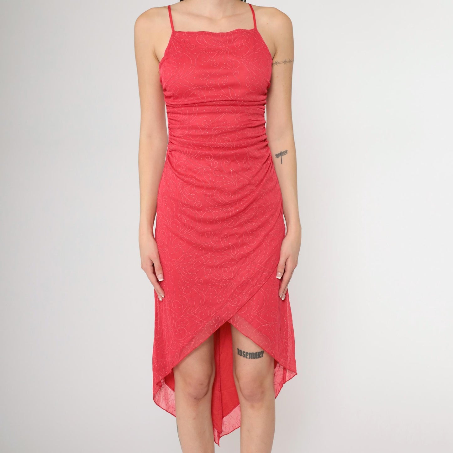 Y2K Coral Glitter Dot Asymmetrical Midi Dress Spaghetti Strap Ruched Small