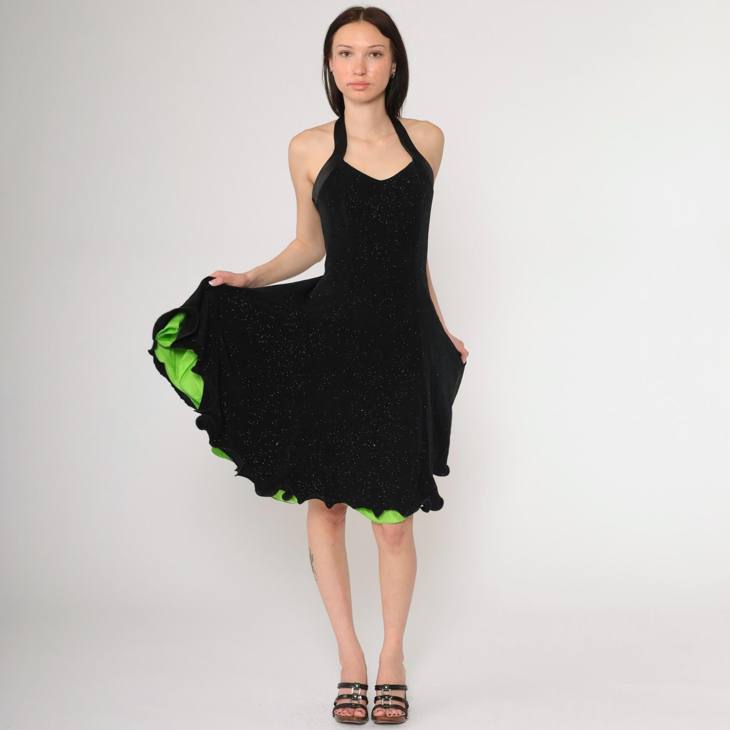 90s Black Glitter Halter Dress Lime Green Lining Knee Length Small