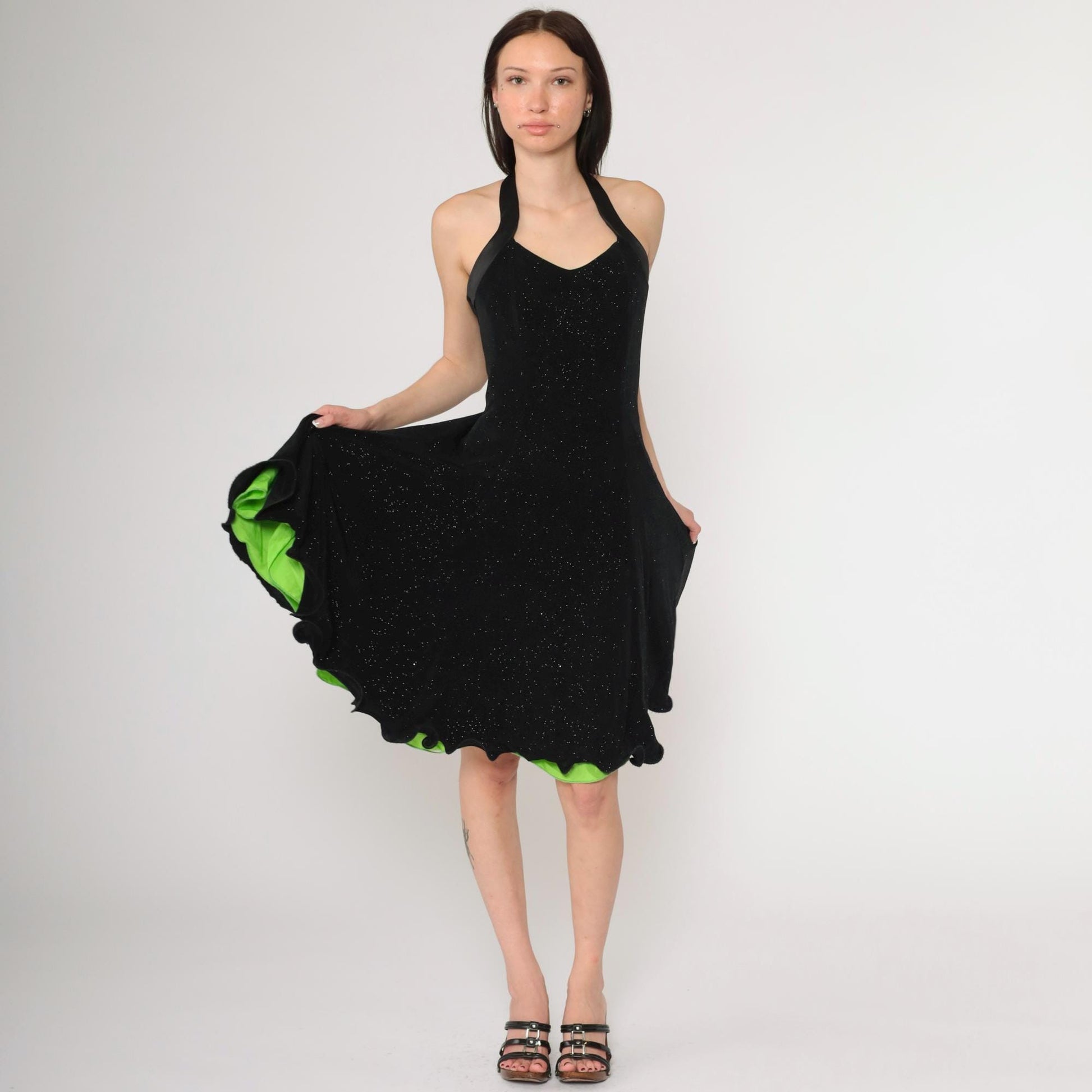 90s Black Glitter Halter Dress Lime Green Lining Knee Length Small