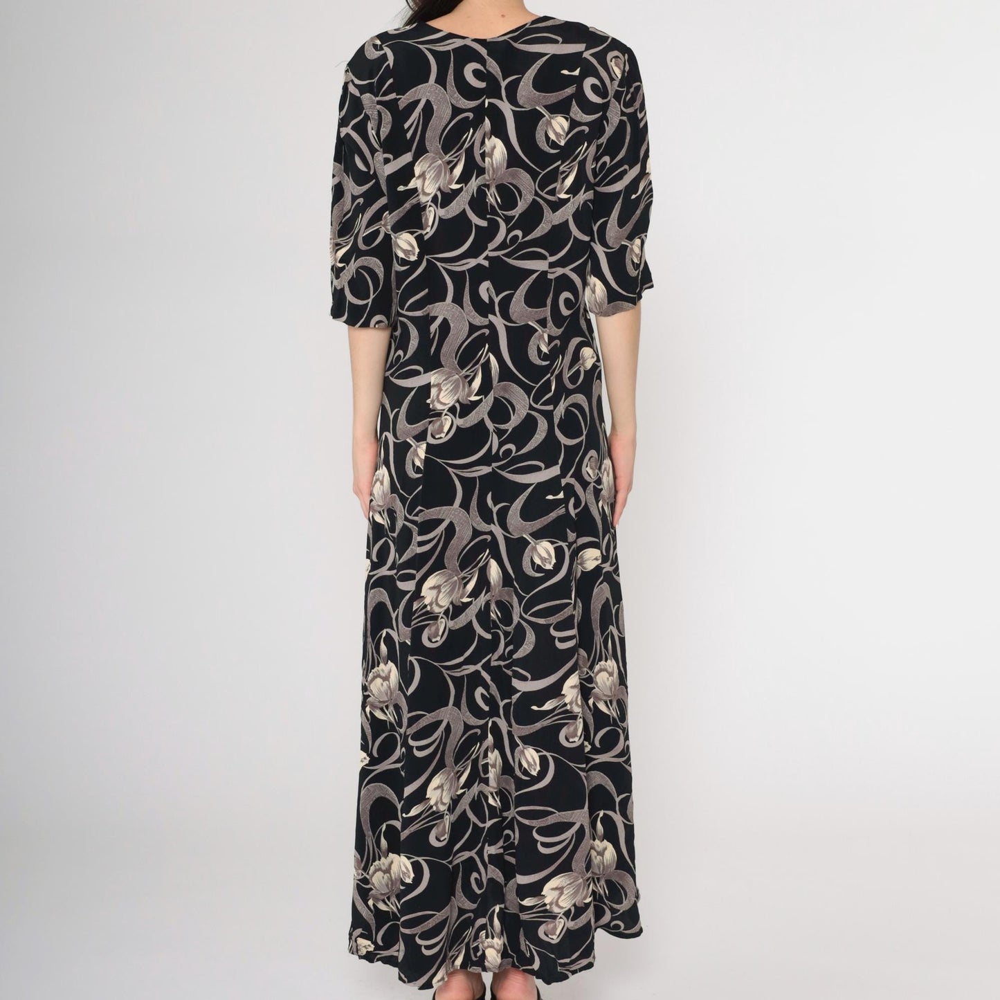 90s Express Black Floral Maxi Dress Tulip Swirl Print V-Neck Short Sleeve Medium Large