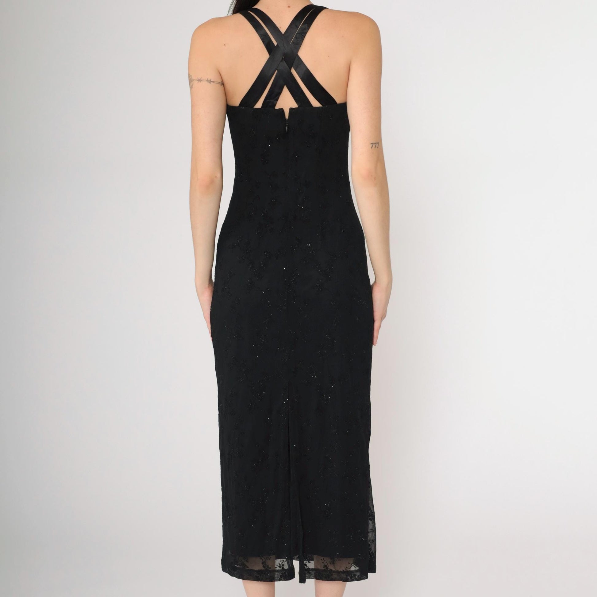 90s Black Flocked Velvet Midi Dress Criss-Cross Satin Straps Y2K Extra Small