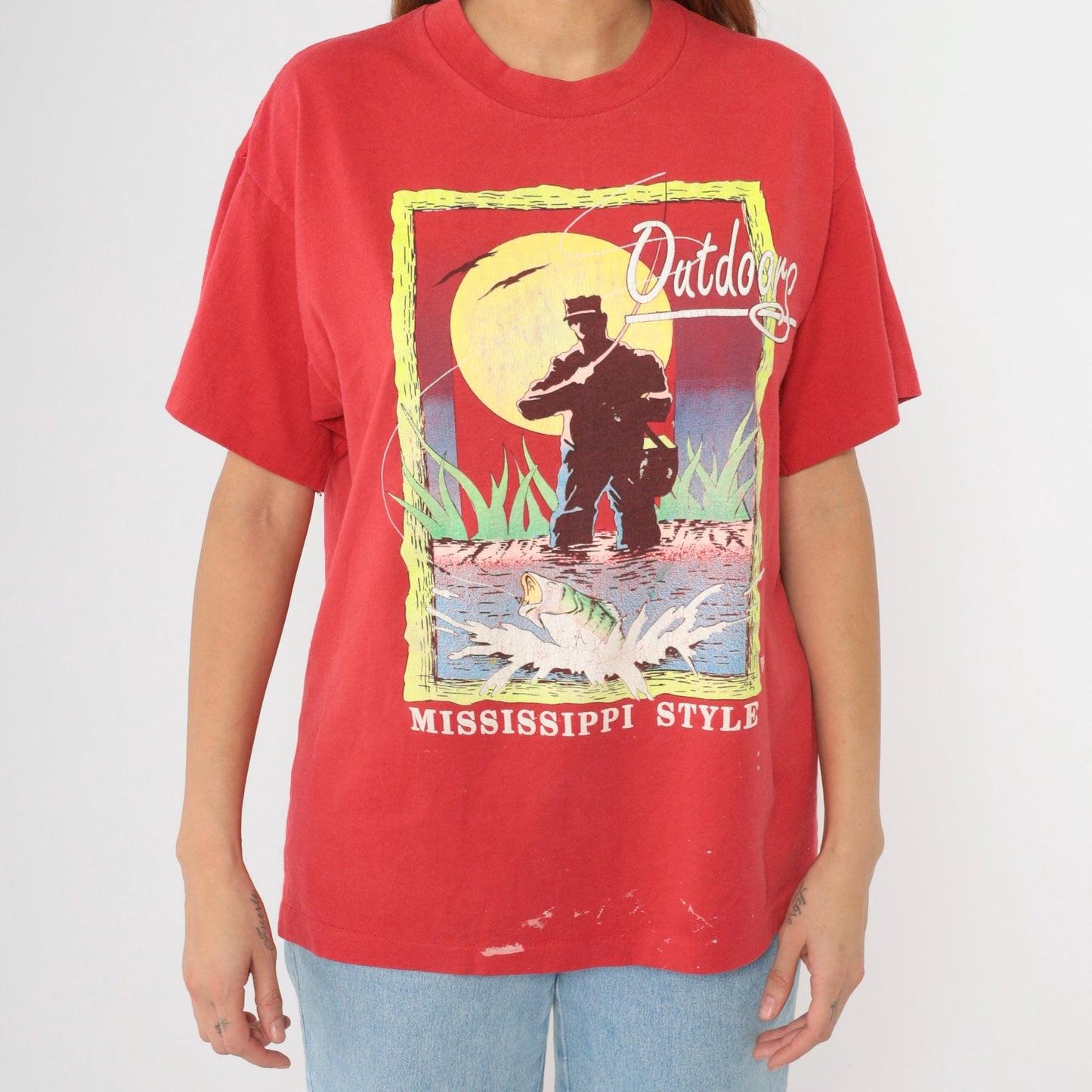 90s Mississippi Fishing Graphic T-Shirt Red Crewneck Large