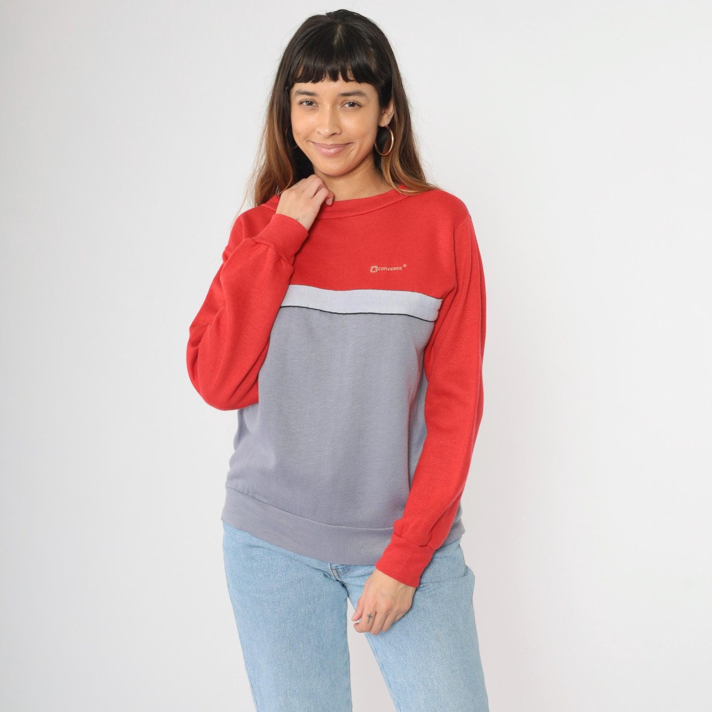 80s Converse Striped Sweatshirt Red Grey Color Block Crewneck Medium