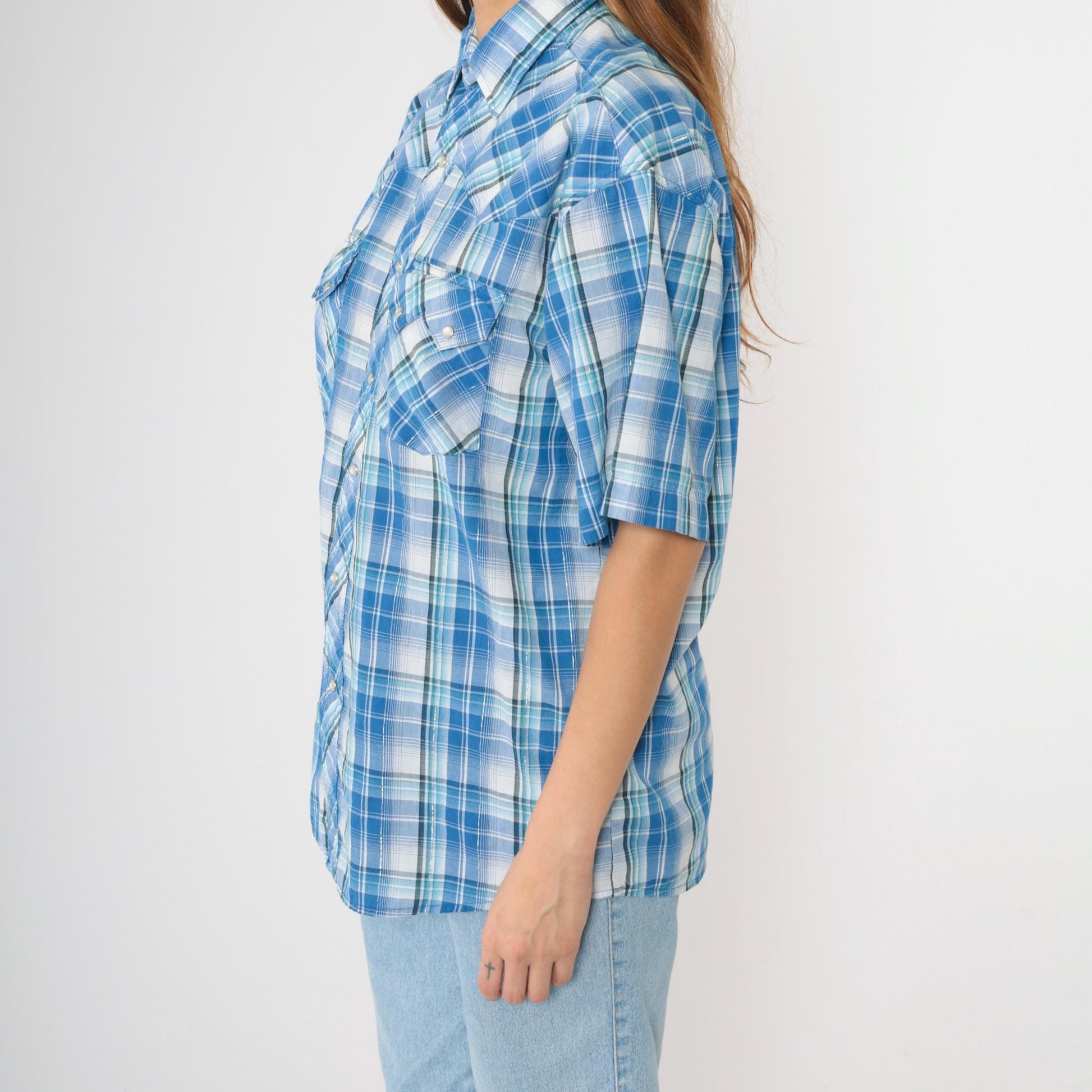 90s Rustler by Wrangler Western Shirt Blue Plaid Pearl Snap Metallic Large