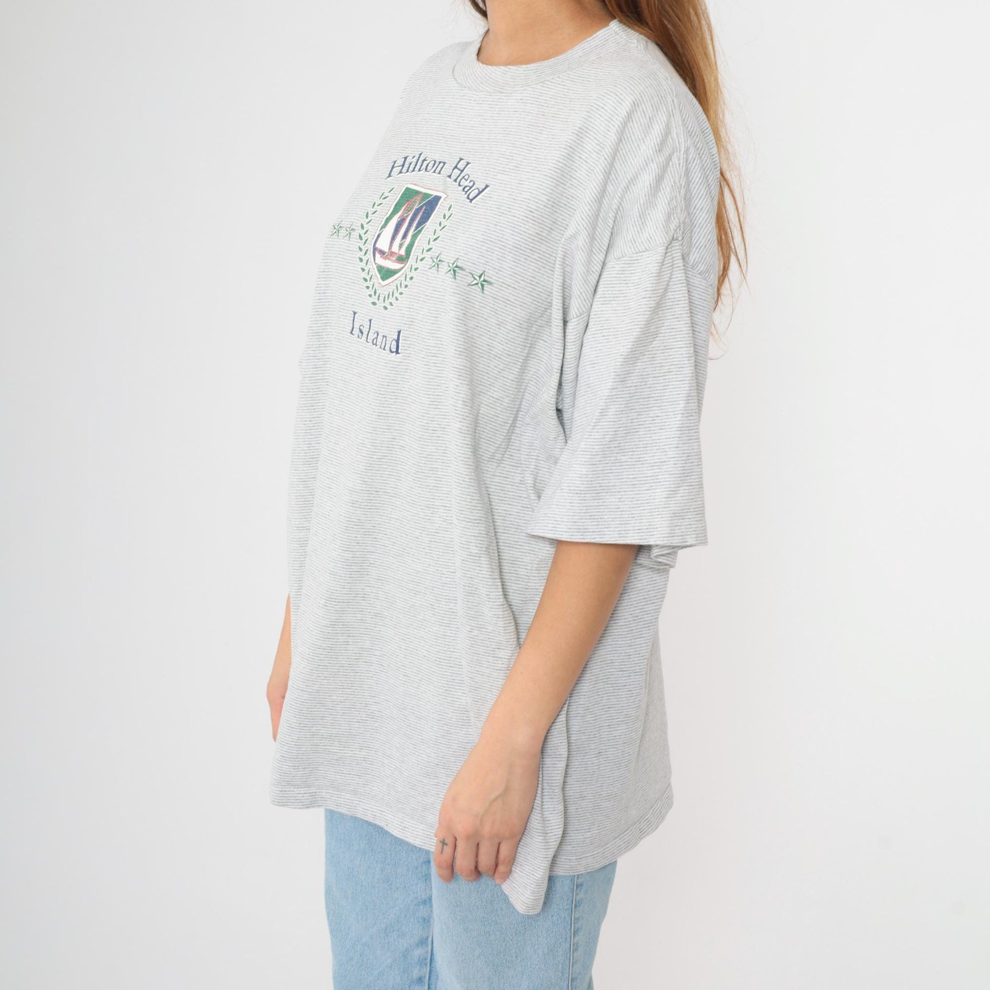 90s Hilton Head Island Sailboat Graphic T-Shirt Grey Striped Crewneck XXL