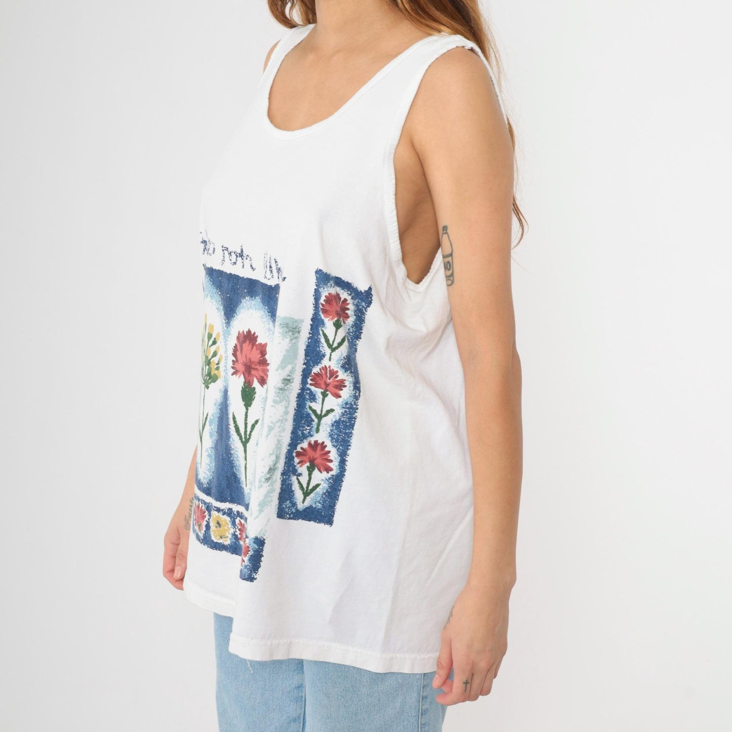 90s Floral Scoop Neck Tank Top White Botanical Graphic Large L