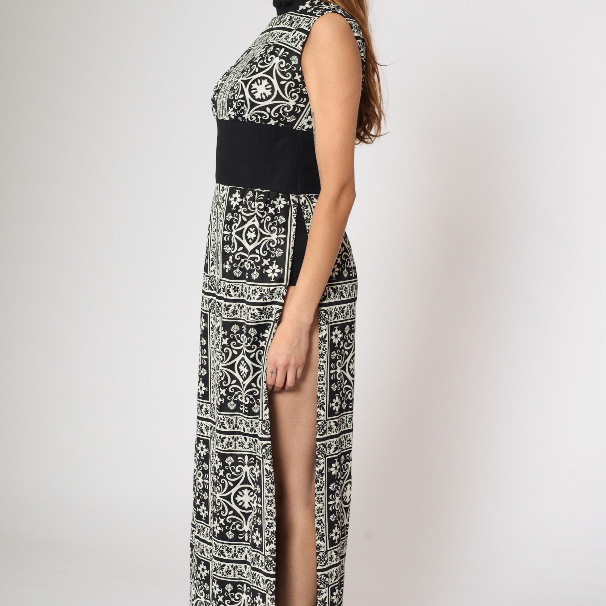 70s Black White Damask Floral Maxi Dress Mock Neck High Slit Small