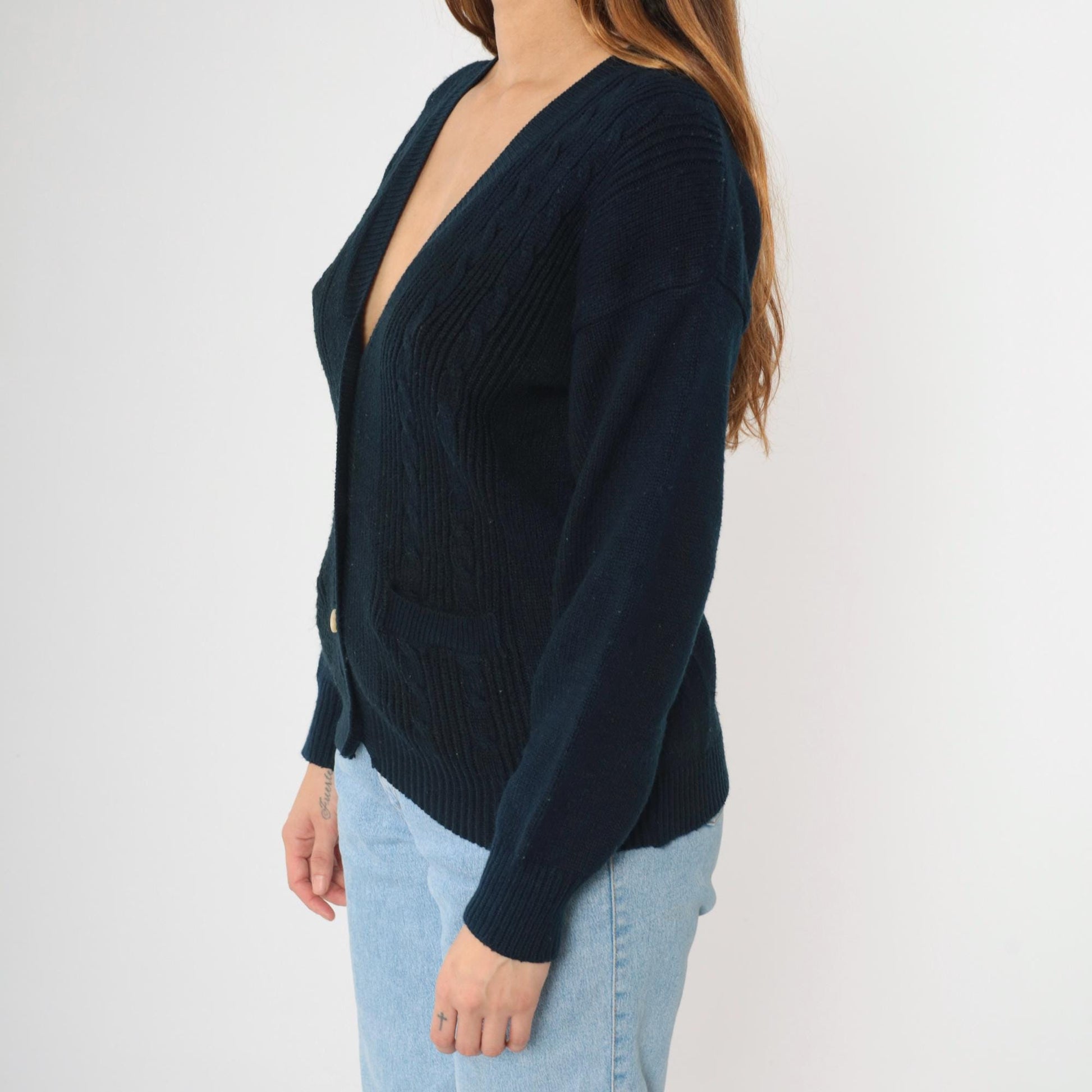 90s Navy Cable Knit Cardigan Button-Up V-Neck Sweater Small S