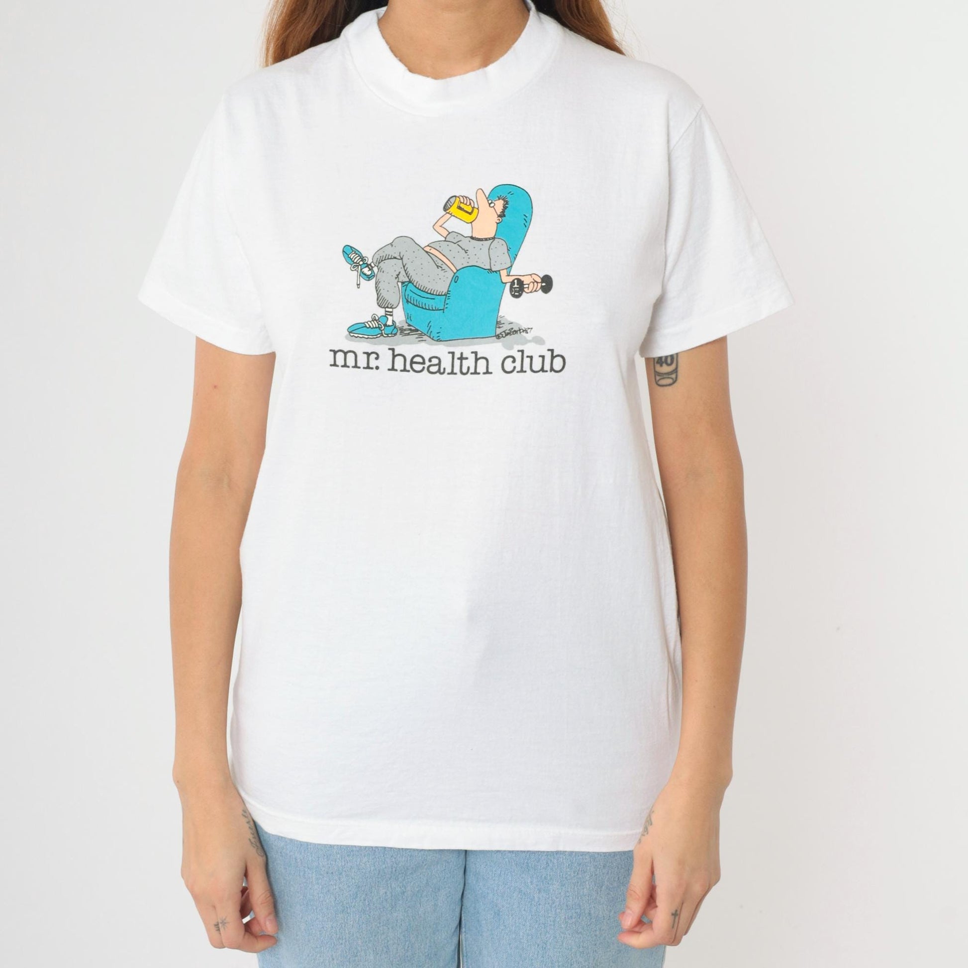 90s Jim Benton Mr. Health Club Graphic T-Shirt White Cotton Medium M