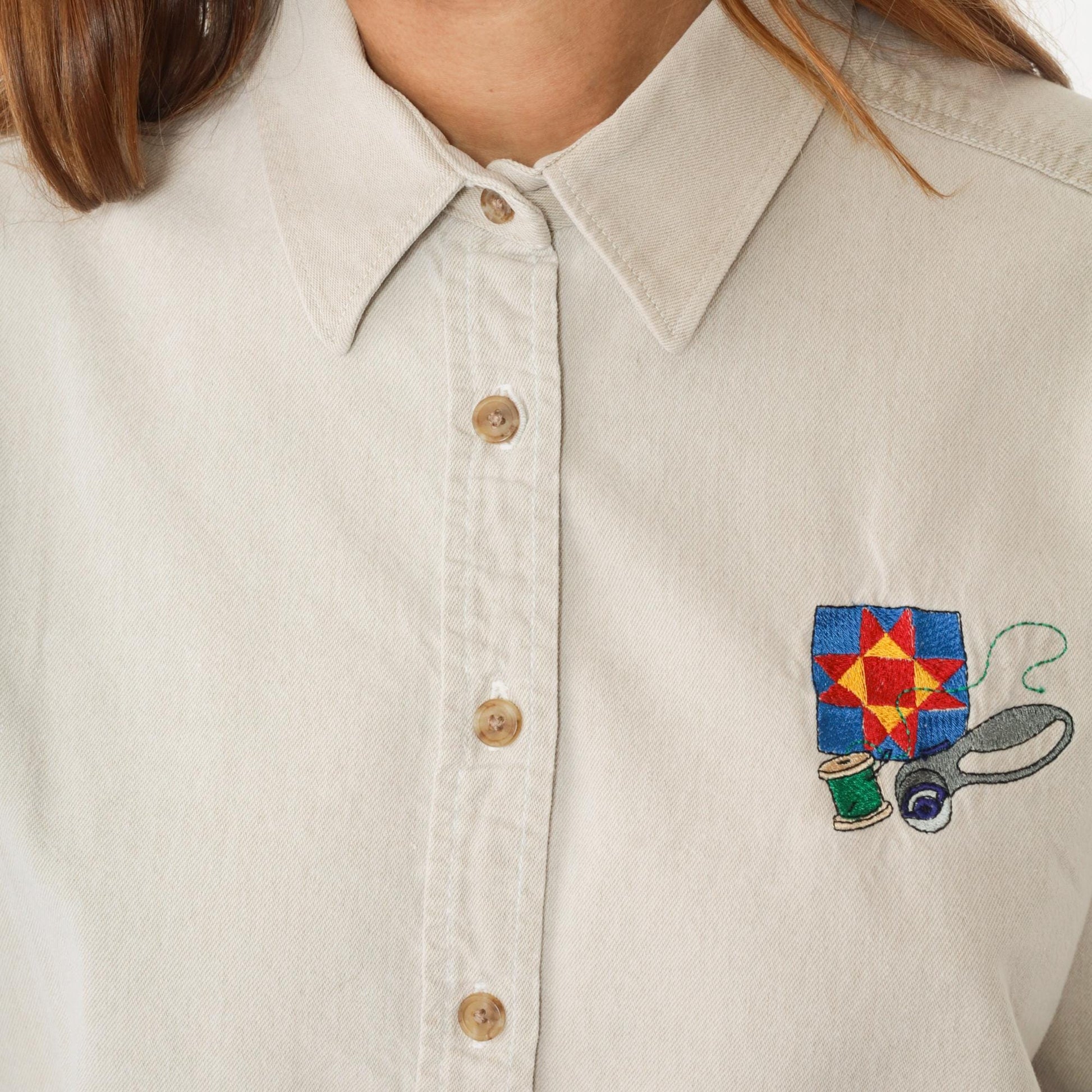 90s Three Rivers Beige Denim Shirt Quilting Embroidery Button Up Extra Large XL