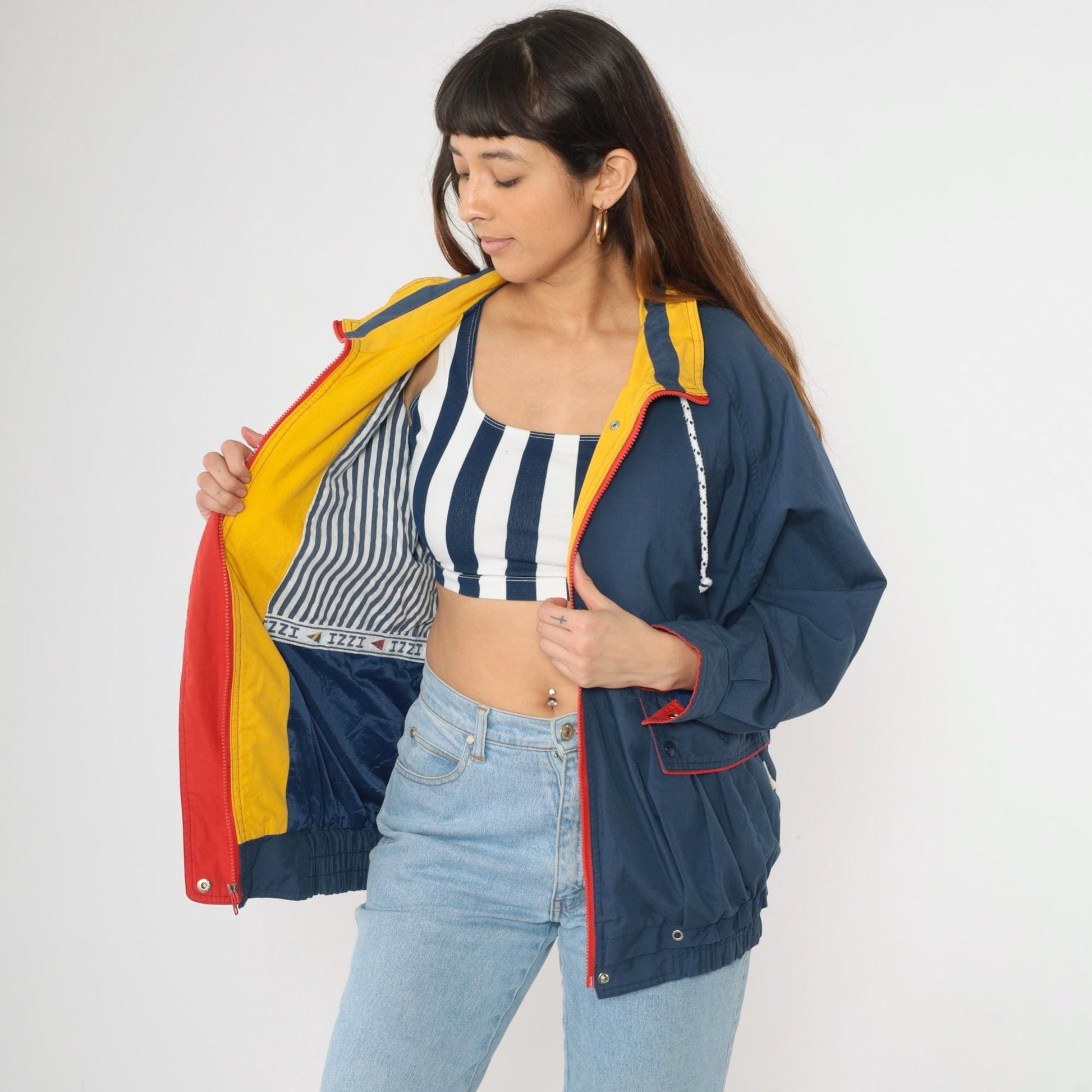 80s Izzi Spirit Blue Windbreaker Jacket Yellow Red Trim Zip Up Medium