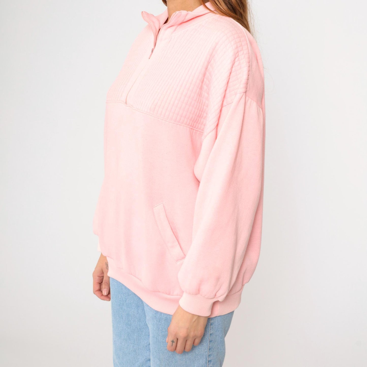 90s Pink Quarter Zip Sweatshirt Collared Pullover Blank Extra Large XL