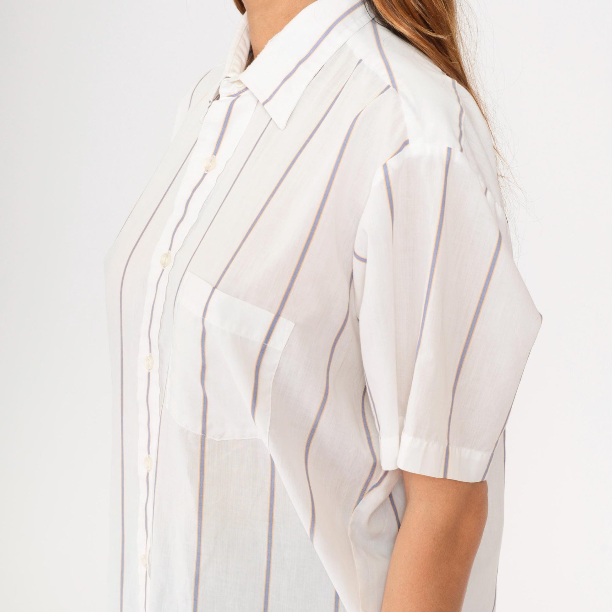 80s White Striped Semi-Sheer Button-Up Shirt Short Sleeve Collar Large L