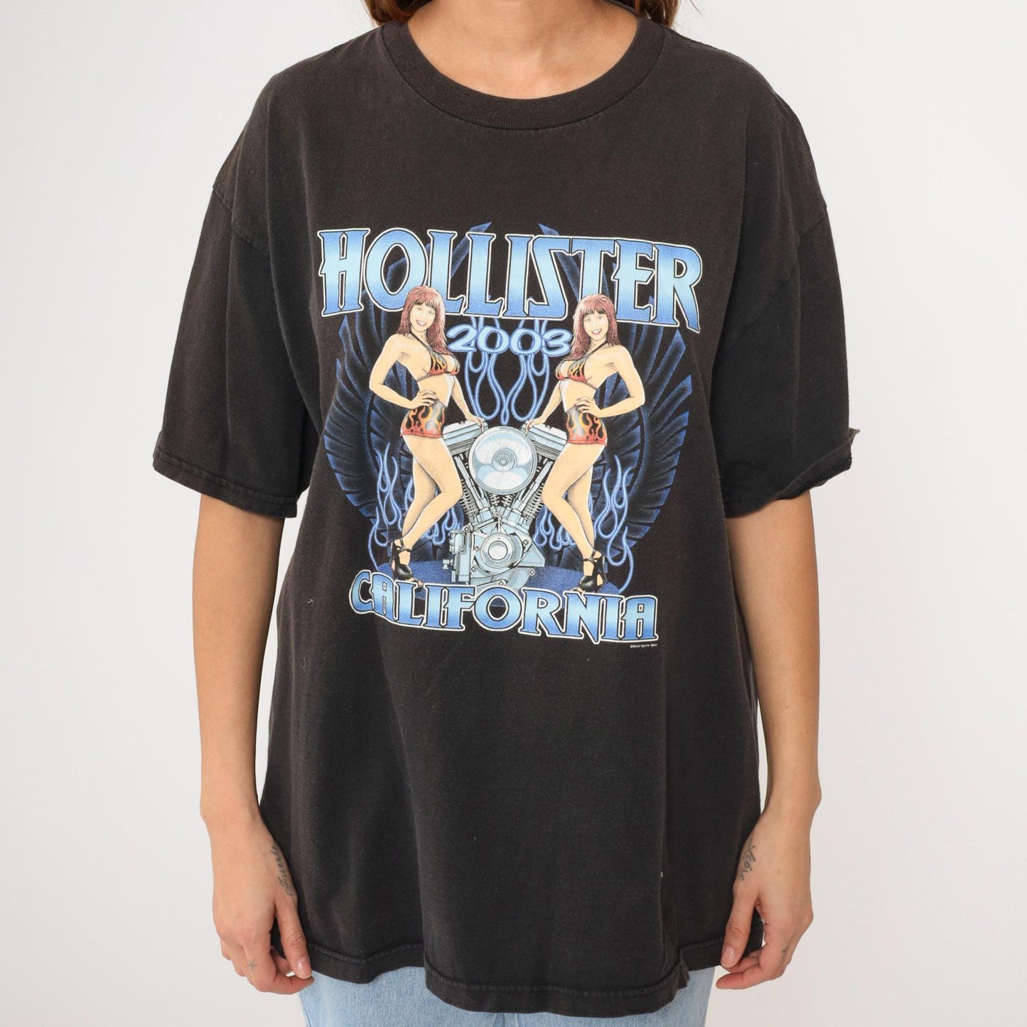 2003 Hollister July 4th Biker Rally T-Shirt Flame Winged Engine Black Graphic Extra Large XL