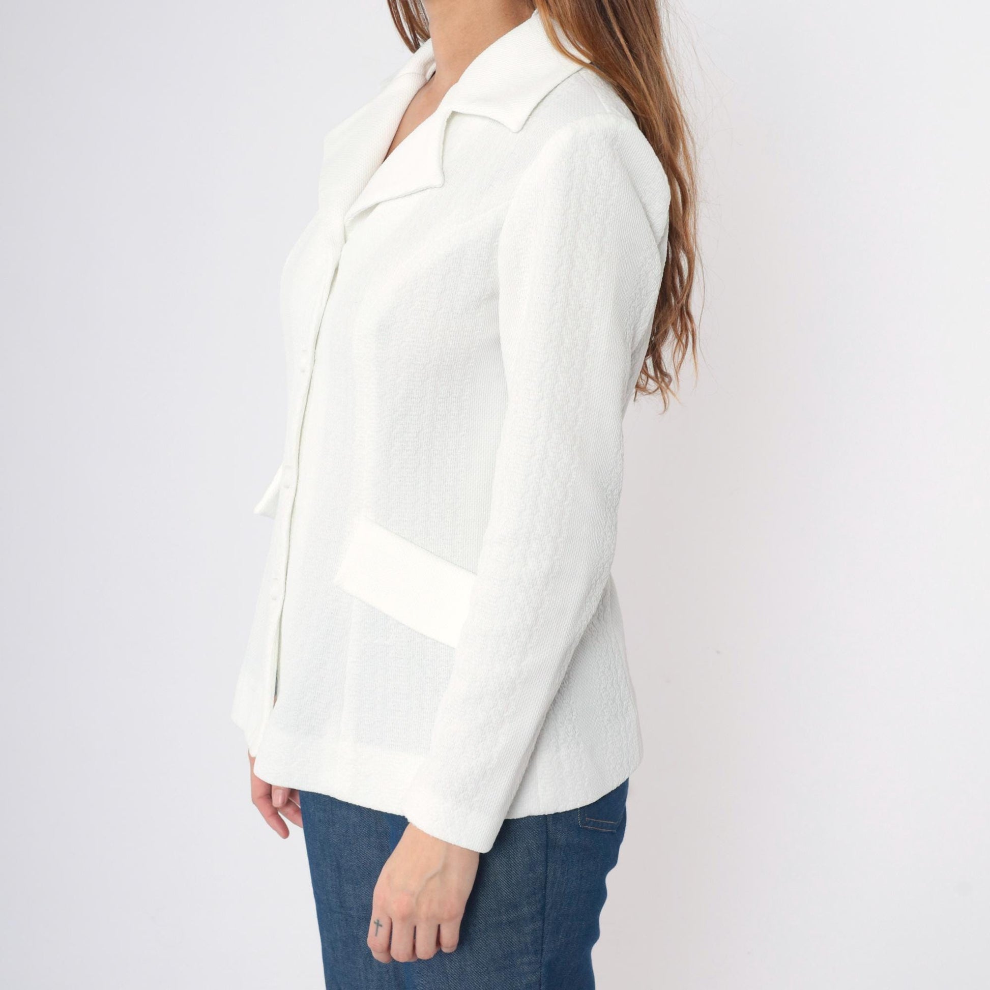70s White Textured Polyester Blazer Button-Up Jacket Deep V Small
