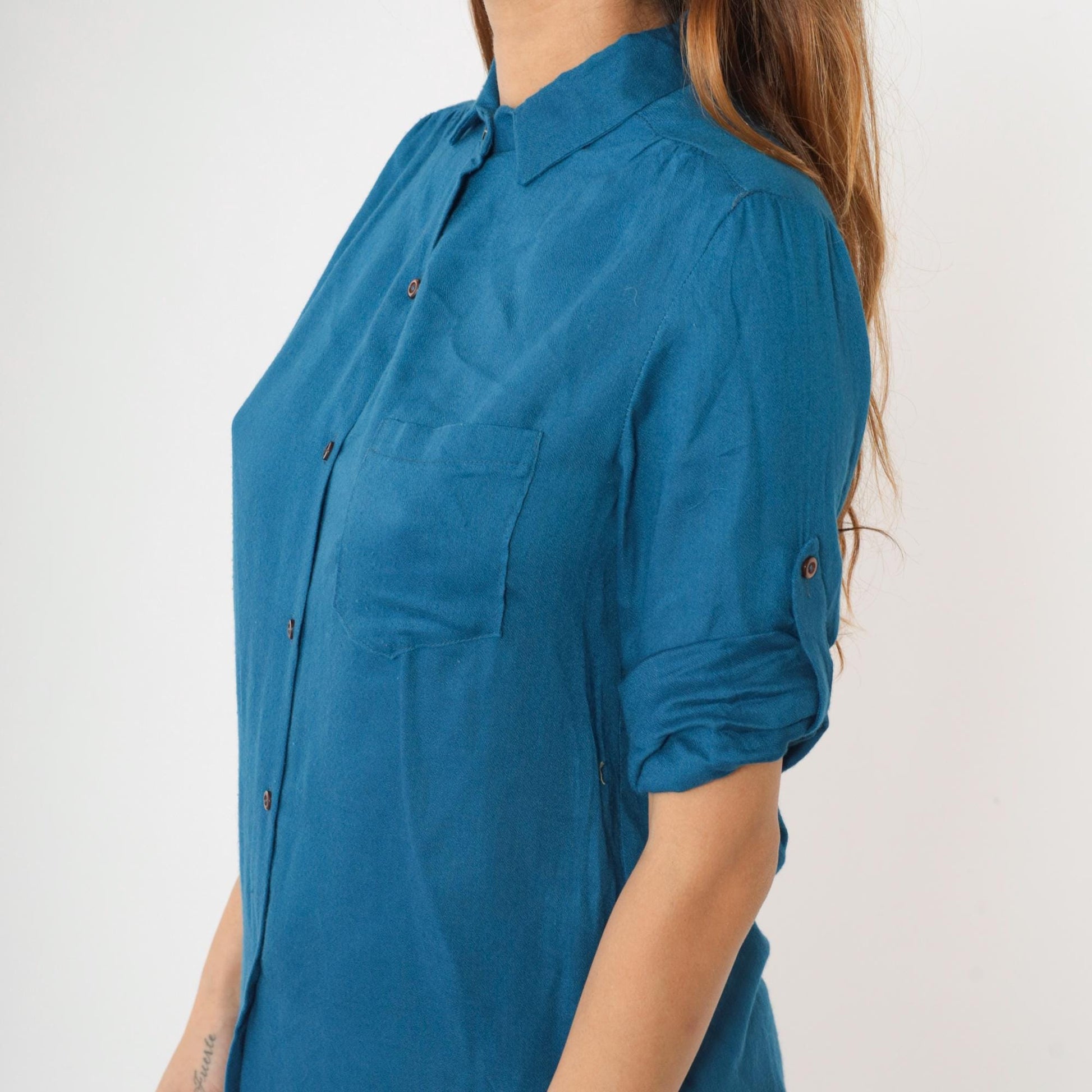80s Blue Button-Up Blouse Roll Tab Sleeves Chest Pocket Small