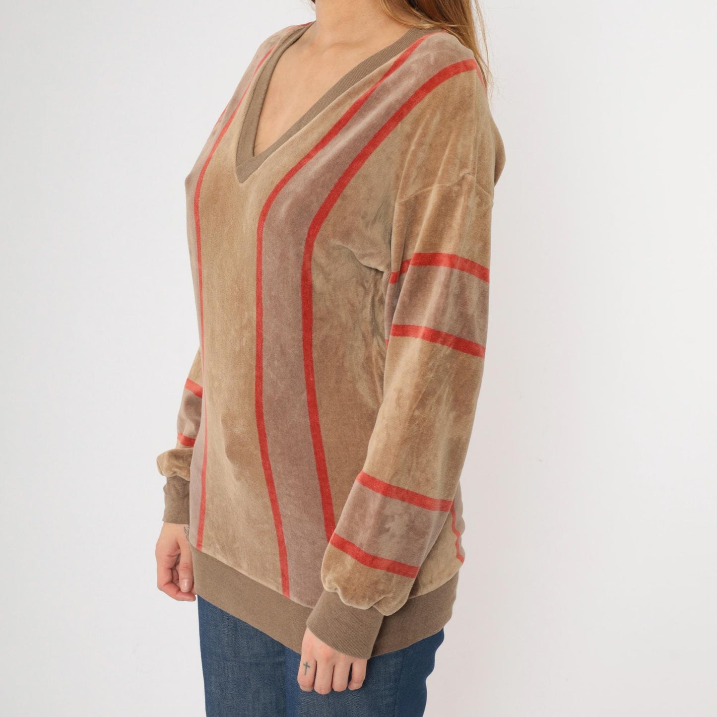 80s Bay Club Velour Sweatshirt Brown Red Striped V-Neck Small