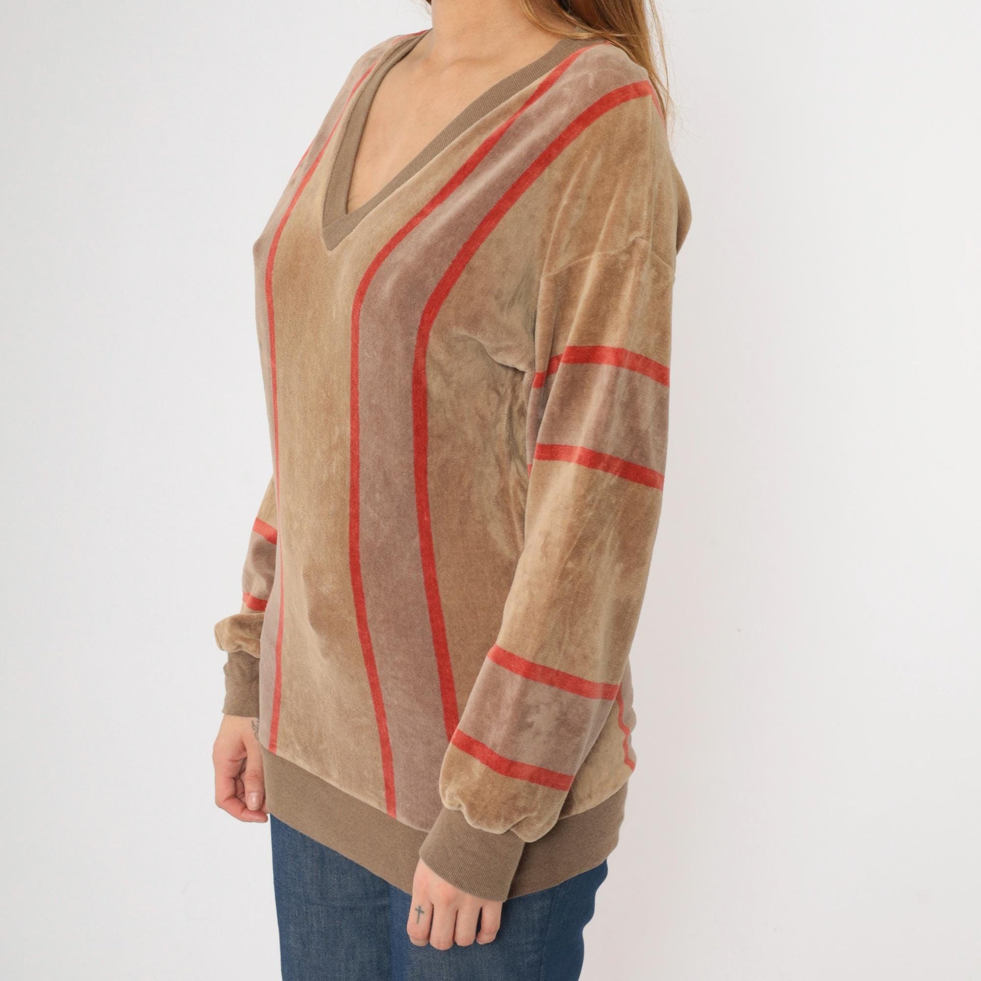 80s Bay Club Velour Sweatshirt Brown Red Striped V-Neck Small