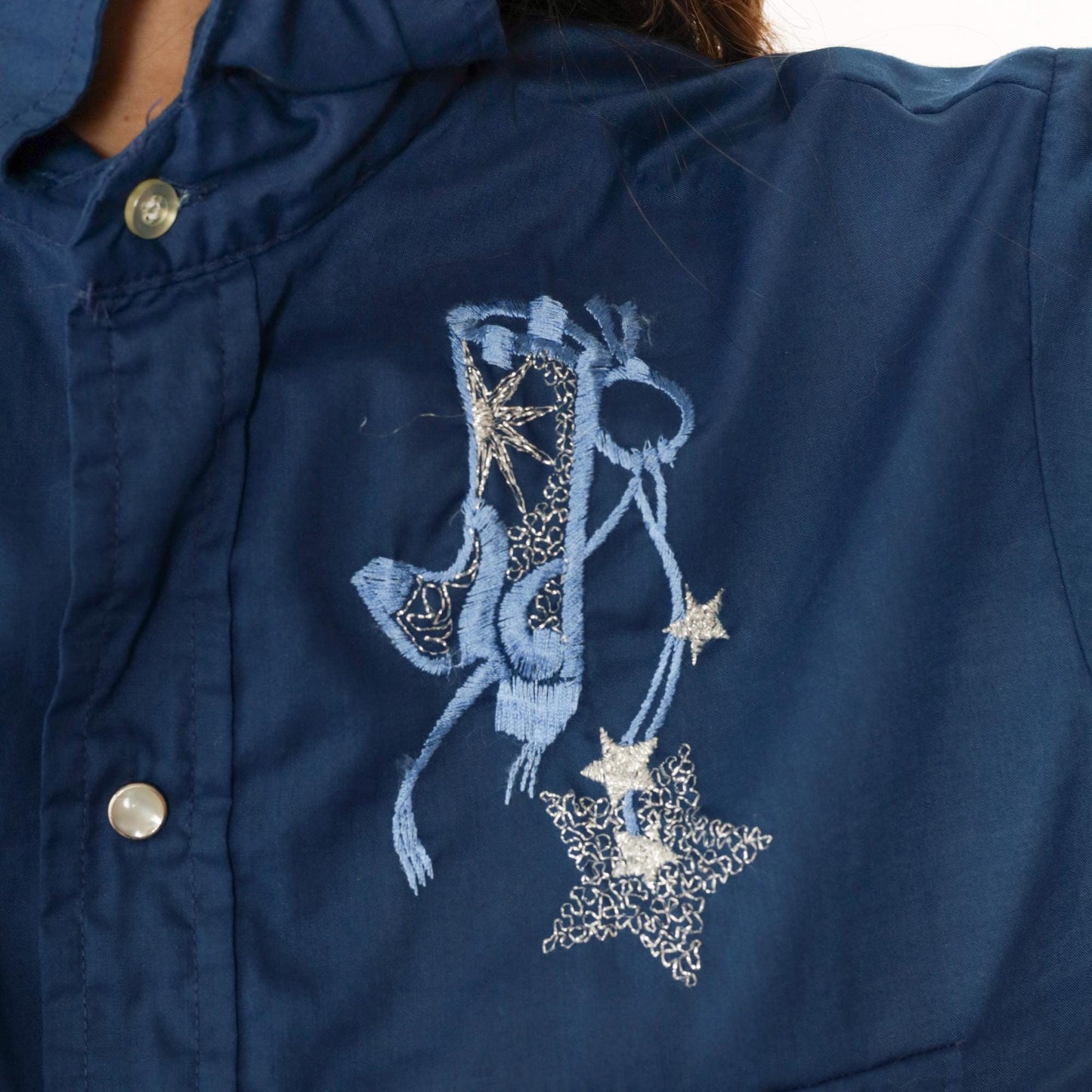 70s Western Shirt Embroidered Cowboy Boots Metallic Stars Pearl Snap Men's Medium
