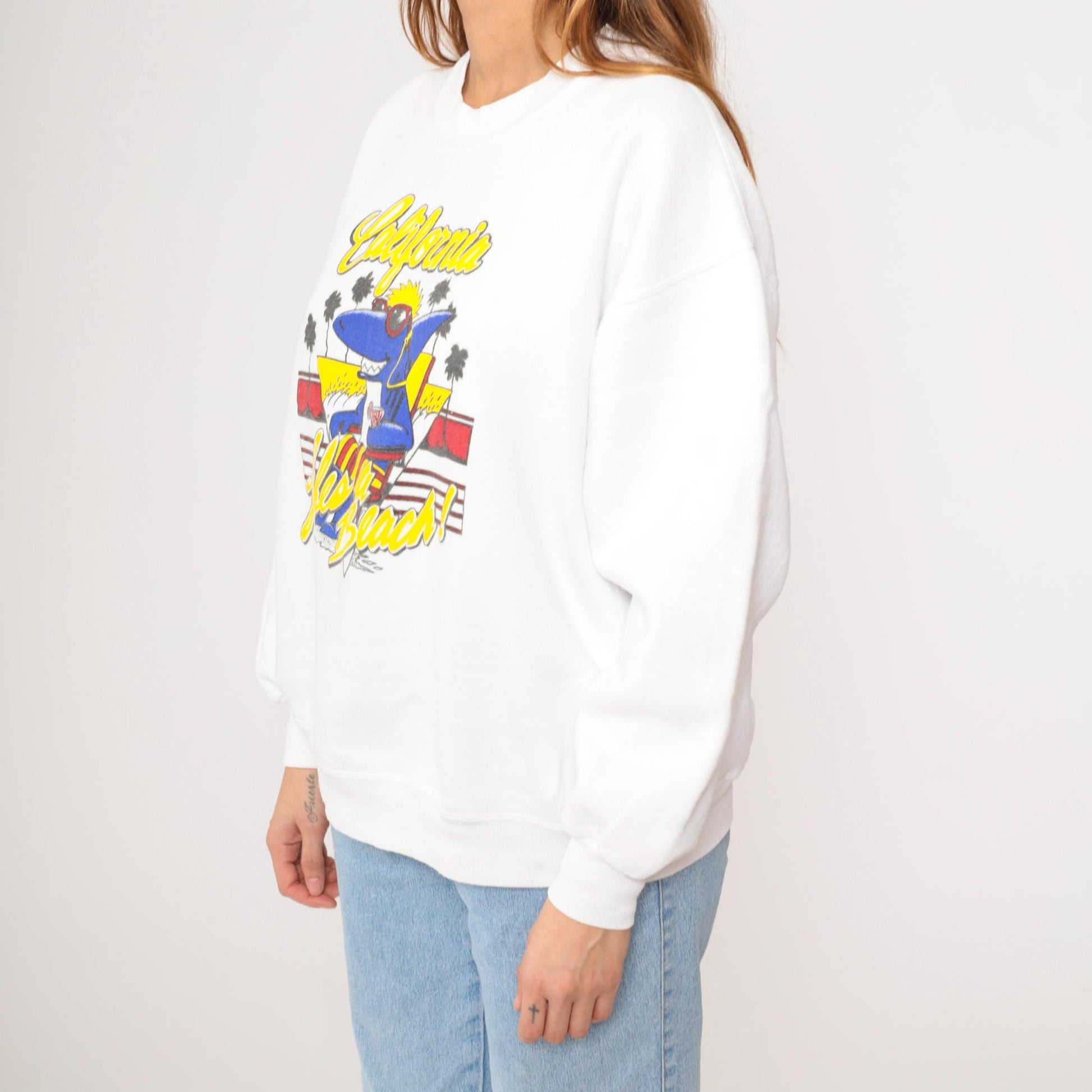 80s California Shark Sweatshirt Life's a Beach Graphic White Crewneck Extra Large XL