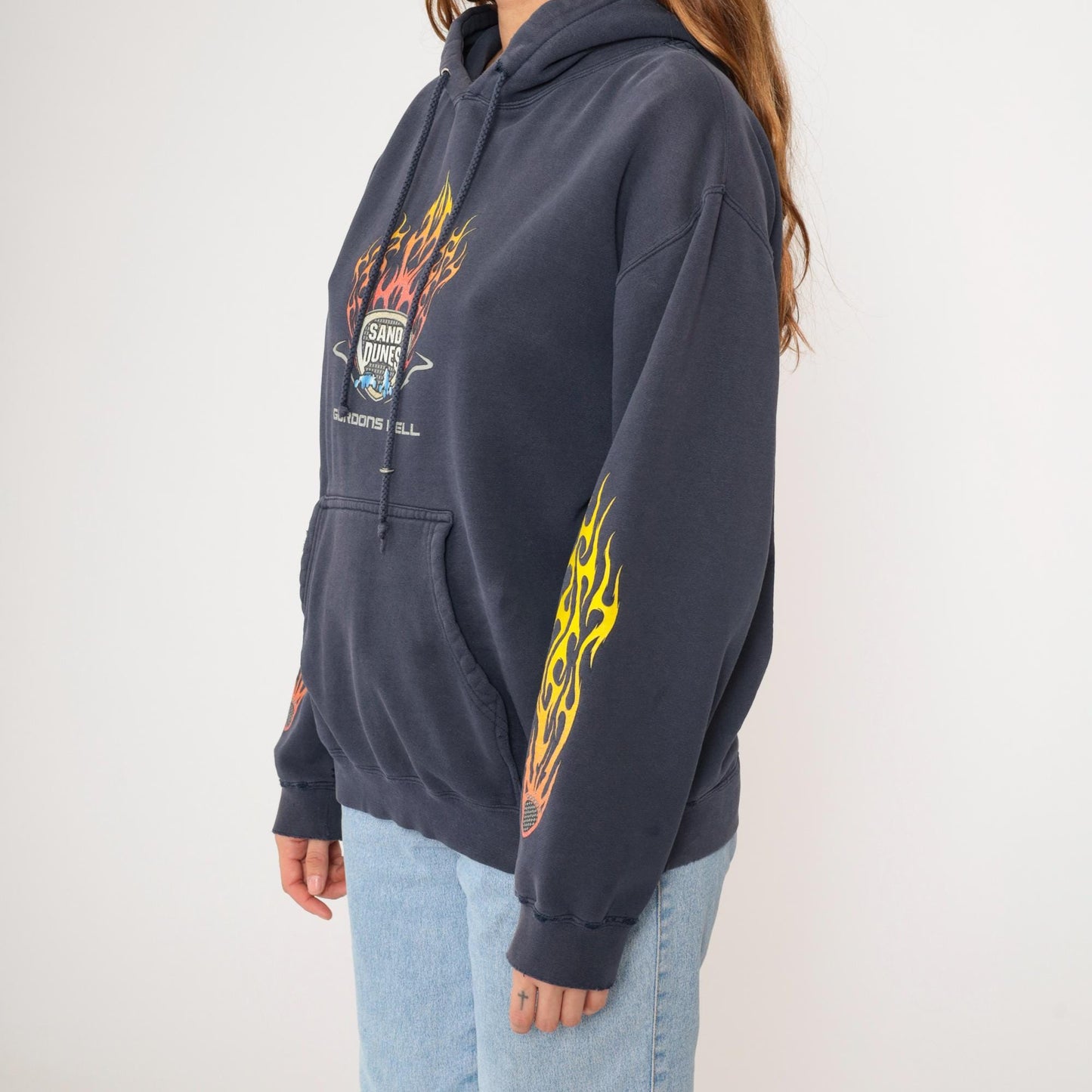 Y2K Gordons Well Sand Dunes Hoodie Navy Flame Graphic Pullover Small S